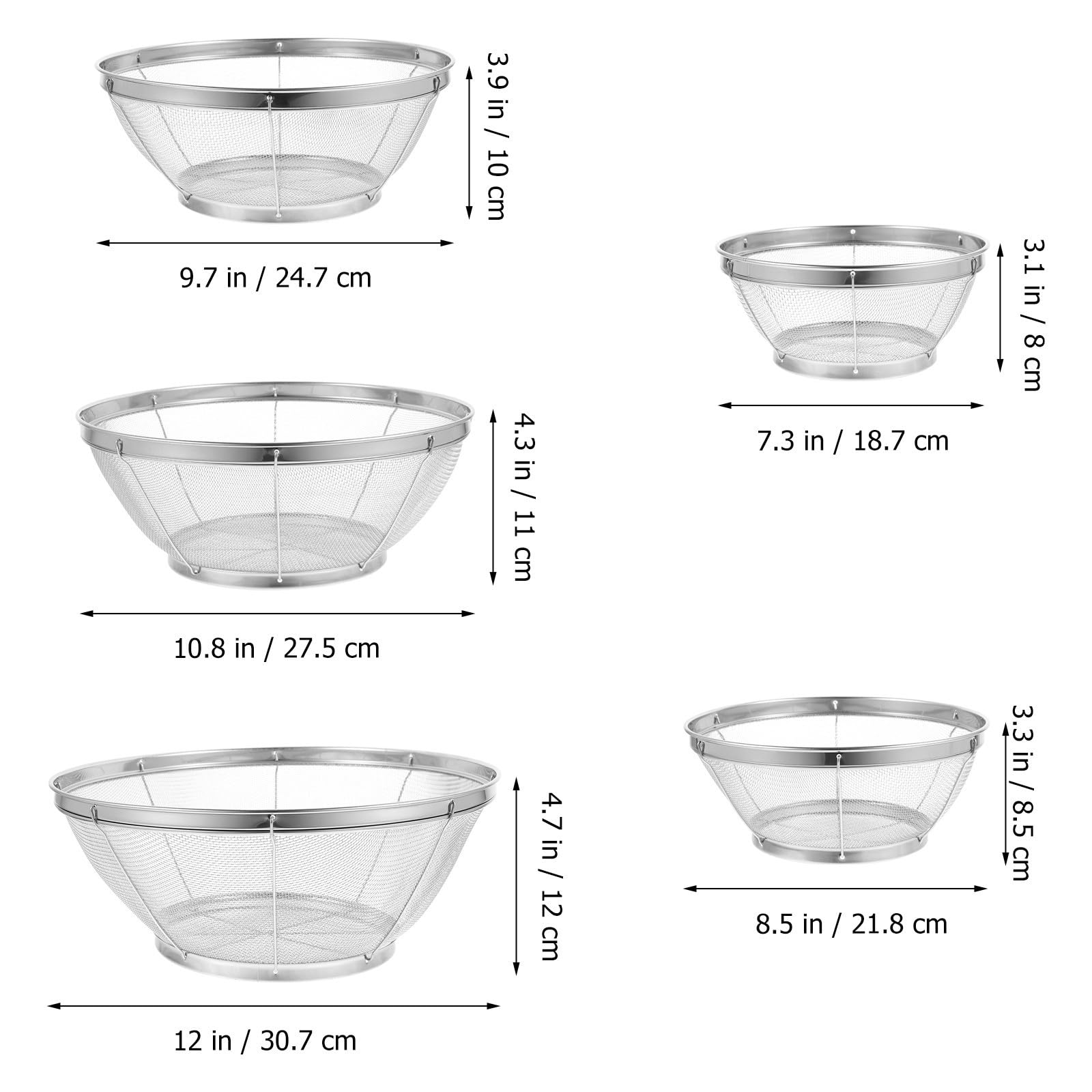 Juego de 5 Coladores Grandes de Malla Fina de Acero Inoxidable Resistentes para Lavar Frutas y Arroz en Cocina Forma Redonda y Filtro Fino