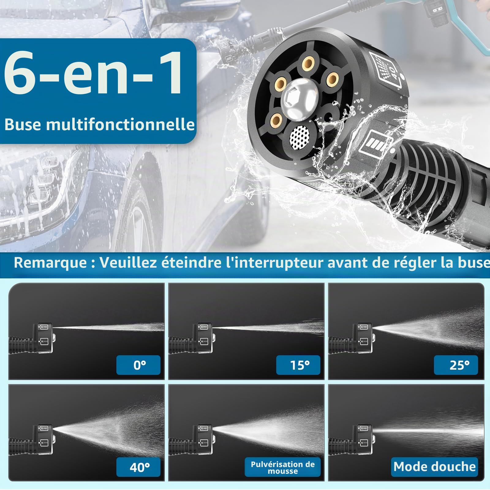 Nettoyeur haute pression sans fil, Pressure Washer avec mode 4 vitesses max 150 bar, Hydro Blast, nettoyeur haute pression mobile multifonction avec 2 batteries 4,0 Ah, buse 6 en 1 et orientable à 180