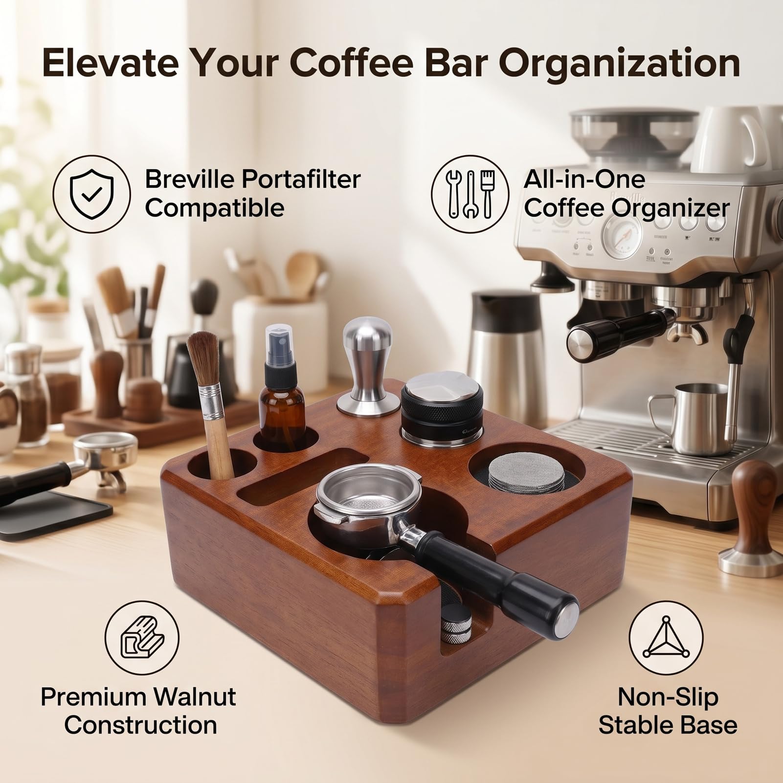 58-mm-Tampingstation, Organizer für Kaffeezubehör aus Walnussholz mit Abnehmbaren Silikonpolstern, Rutschfester Basis, für Siebträger, Kaffee-Barista-Werkzeuge