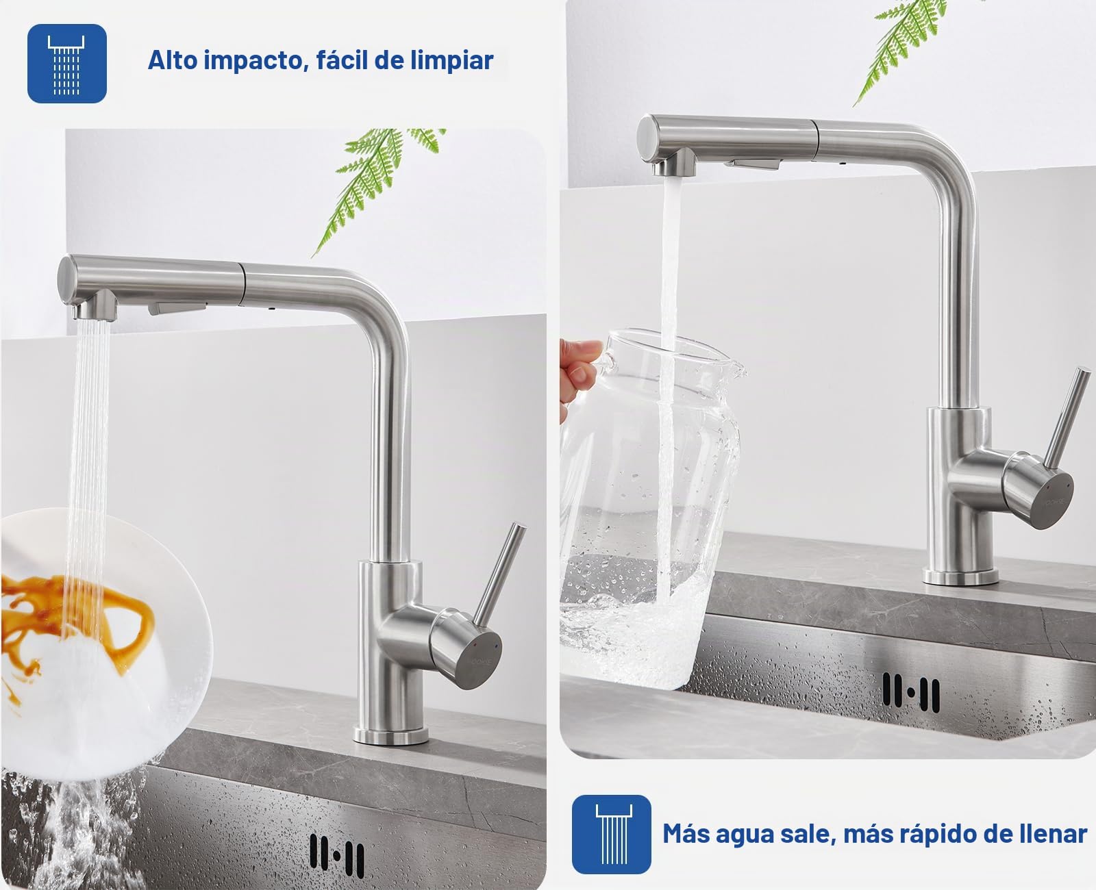 Grifo Cocina Extraible, Grifos Cocina Fregadero Giratorio 360°, Grifo de Cocina con 2 Tipos de Chorro, Grifo de Acero Inoxidable Cepillado