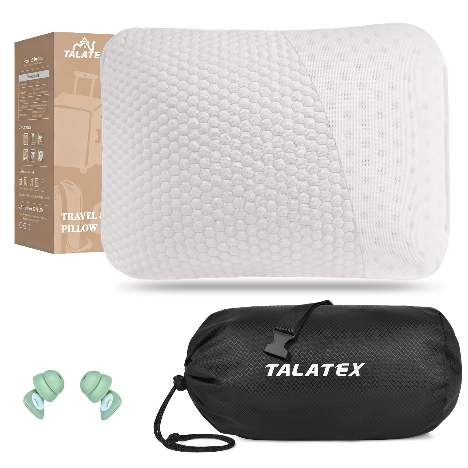 Talatex Oreiller de Voyage et Oreiller de Camping, 100% Latex Naturel Premium, léger et Facile à Transporter, avec Sac de Compression et Housse Amovible Lavable (40 * 30 * 15cm, Doux)