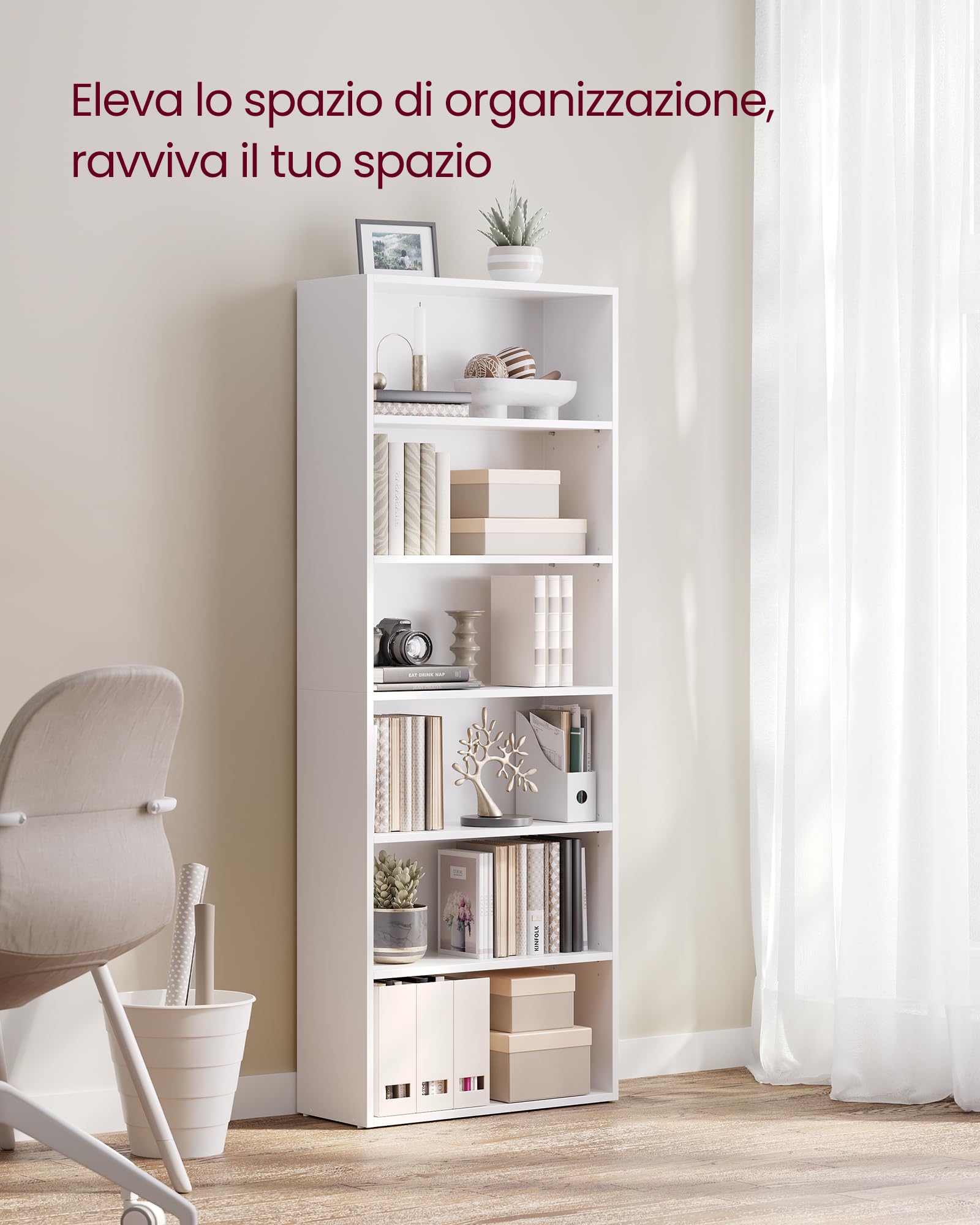 VASAGLE Scaffale a 6 Ripiani, Libreria, Scaffalatura Portaoggetti, Organizzatore con Scomparti, Ripiani Aperti e Regolabili, per Soggiorno, Ufficio, Camera da Letto, Bianco Nuvola LBC166T14