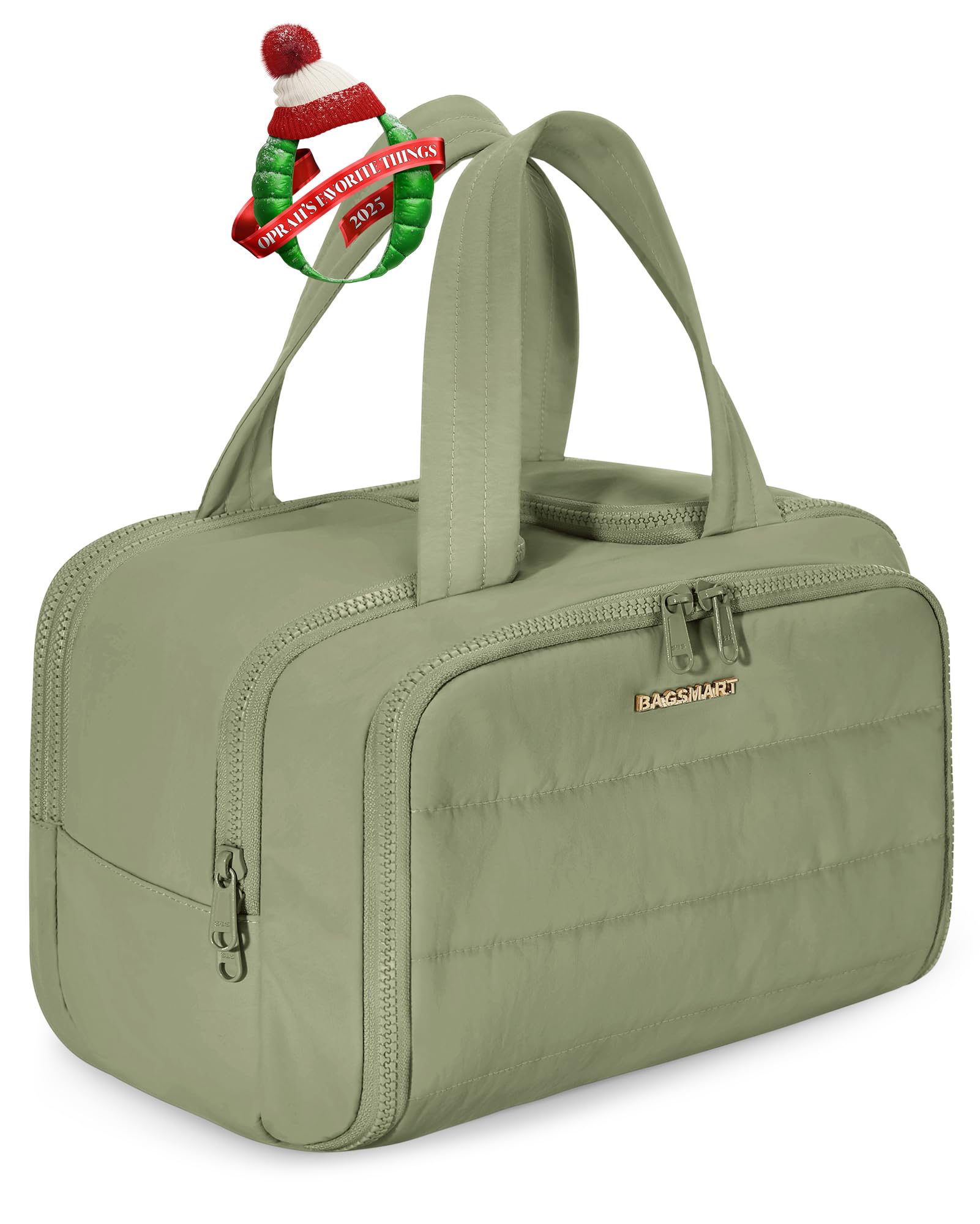 BAGSMART Travel Toiletry Bag, Lightweight Large Wide-open Travel Bag for Women, Puffy Cosmetic Makeup Bag Organizer with Handle for Accessories,Essentials, Toiletries, Green