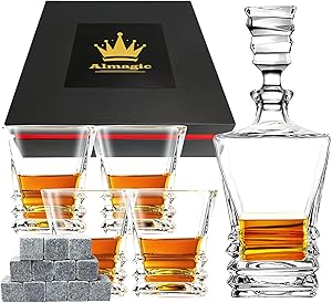 Whiskey Decanter,Old Fashioned Bourbon Liquor Drinks Rocks Glasses Set , Whiskey Gift Box for Father Husband (With 12 Granite Chilling Stones and Velvet Bag)