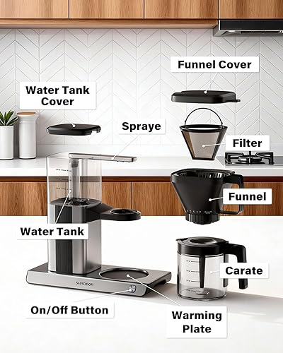 Miniatura 7 de SHARDOR Cafetera de goteo de 8 tazas con filtro reutilizable y cafetera de cristal, color negro y plateado
