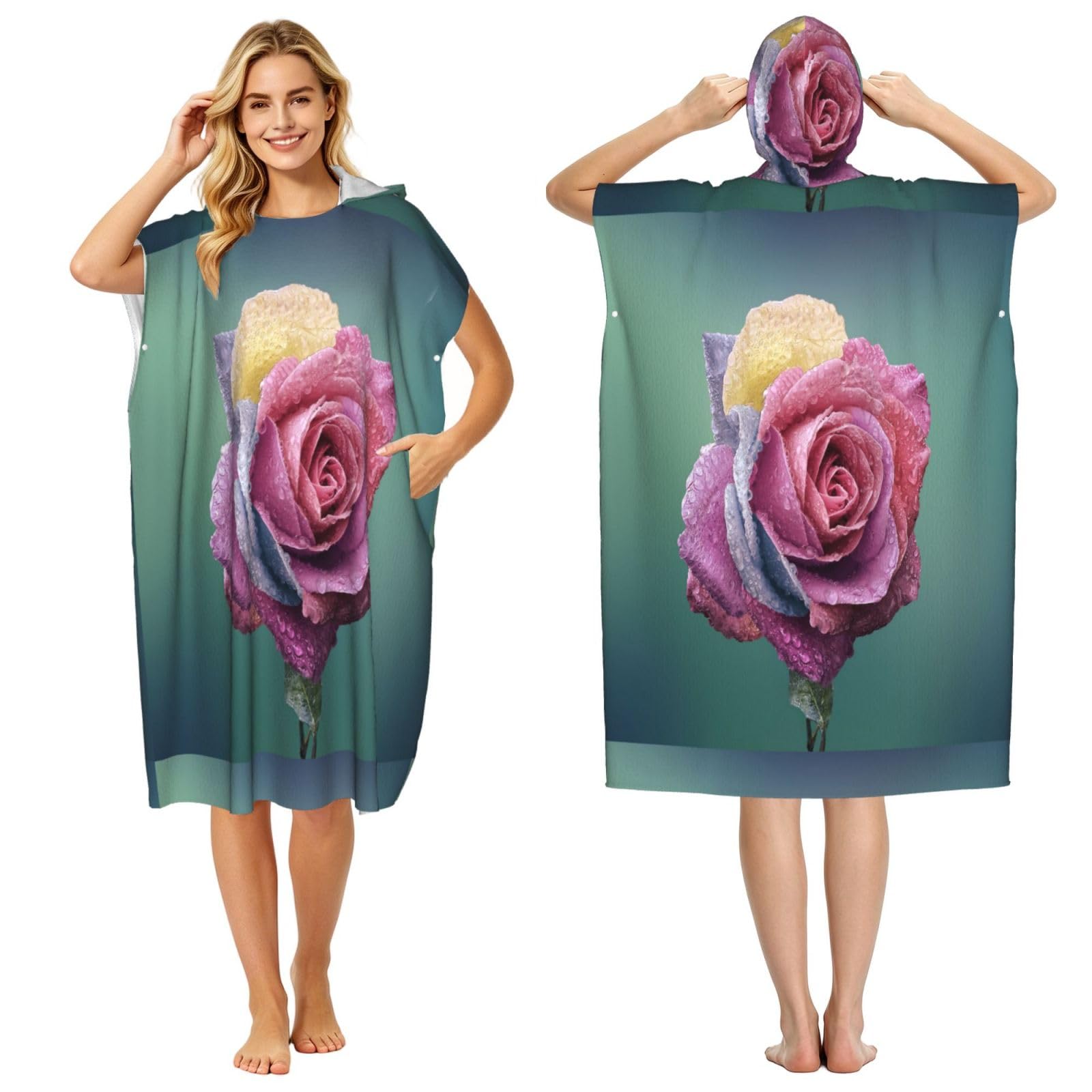 Poadnly Colorful Rose Romance Petals Plant, Adult Hooded Beach Towel 90 x 110 cm,Changing Bath Robe, Surf Poncho Towel For Women Men