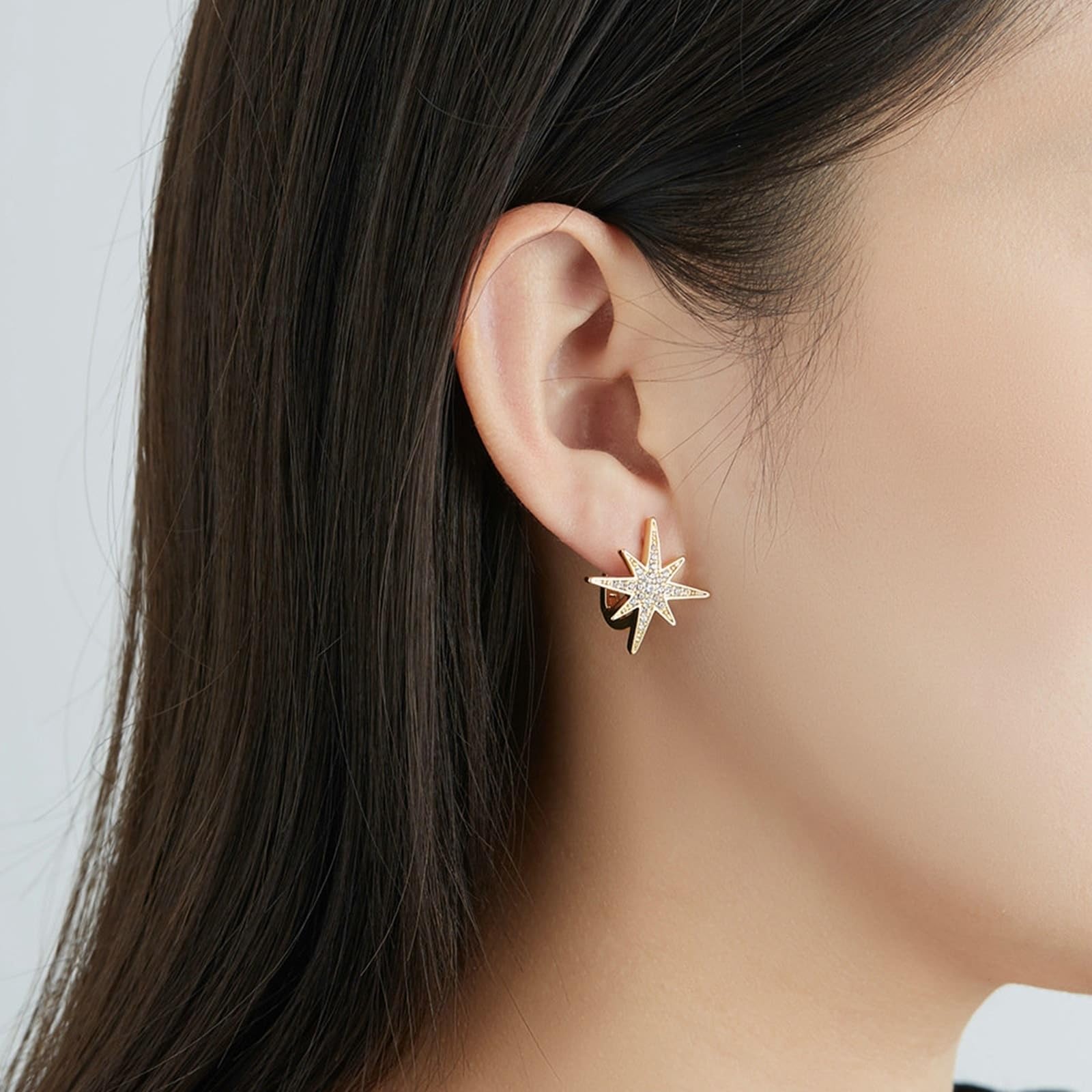 AMDXD Pendientes de oro blanco 585 de 14 quilates, estrella de aro con diamante, pendientes de oro Au585 para mujer, pequeños joyas de oro auténtico