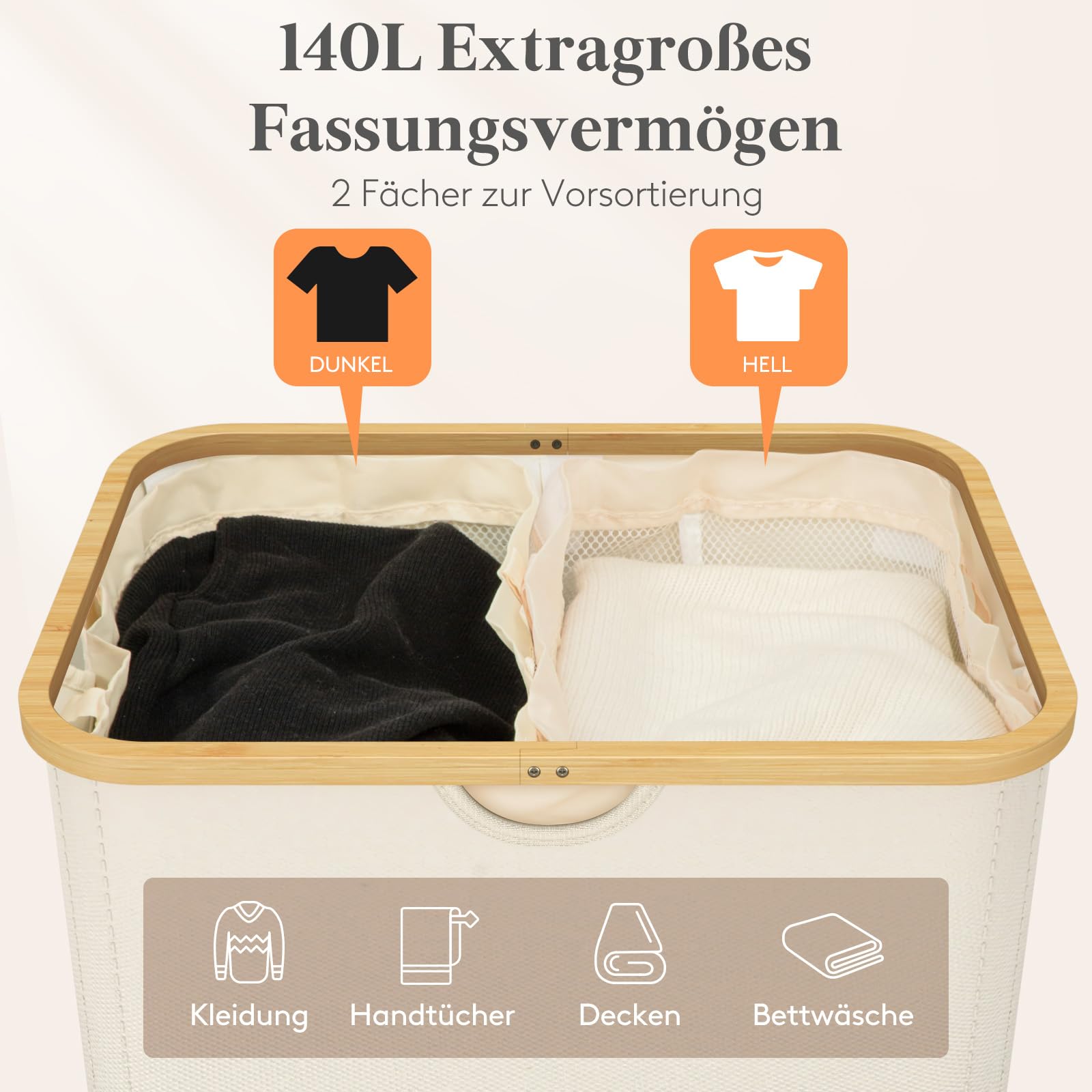 Lifewit 140L Wäschekorb mit Deckel, Große Wäschesammler 2 Fächer, Wäschesäcke, Wäschesortierer, Wäsche Sortieren, Wäschebehälter, für Wäsche, Schlafzimmer, Bad, Beige