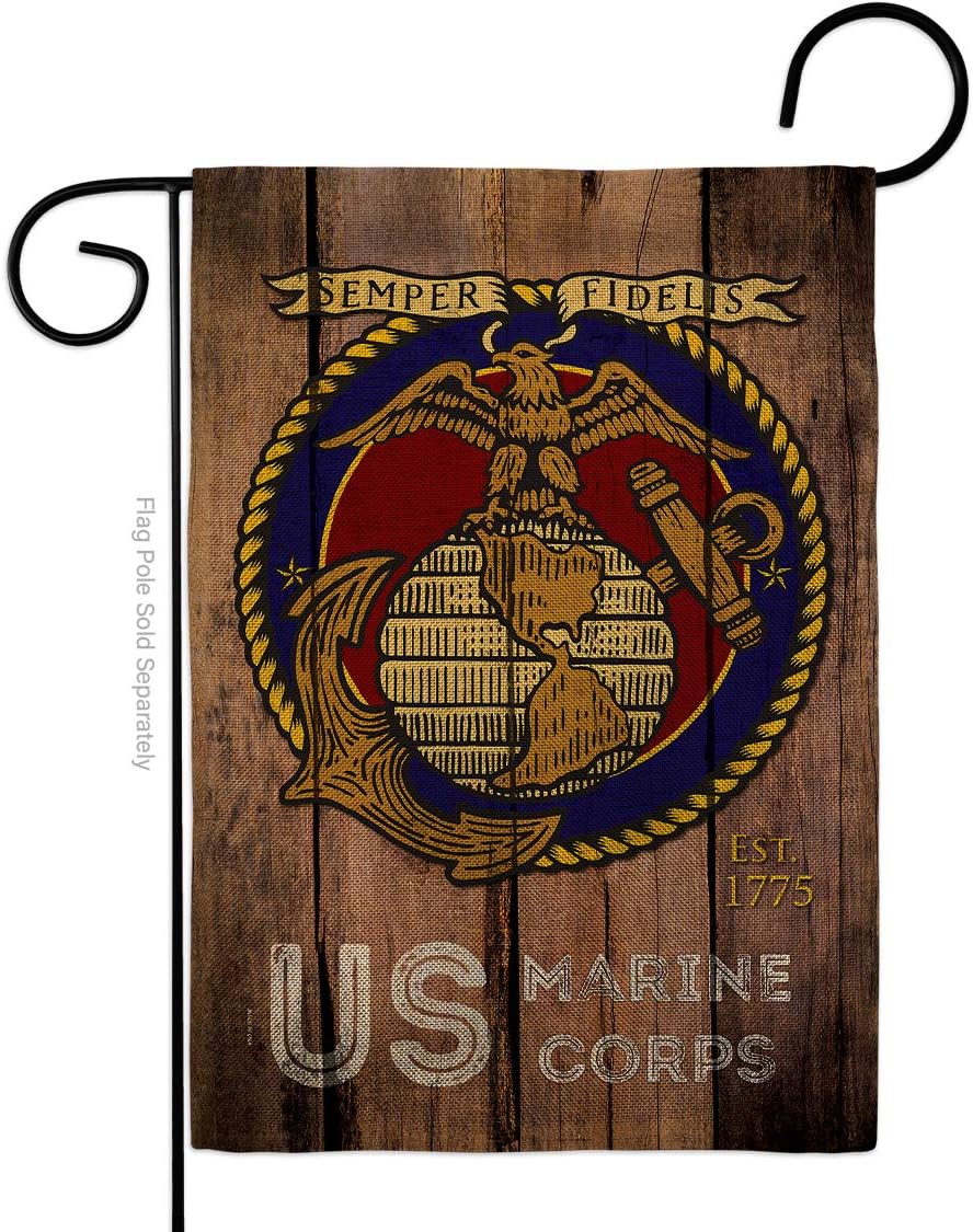 US Marine Corps Burlap Garden Flag Set with Stand Armed Forces USMC Semper Fi United State American Military Veteran Retire Official Small Gift Yard House Banner Double-Sided Made In USA 13 X 18.5