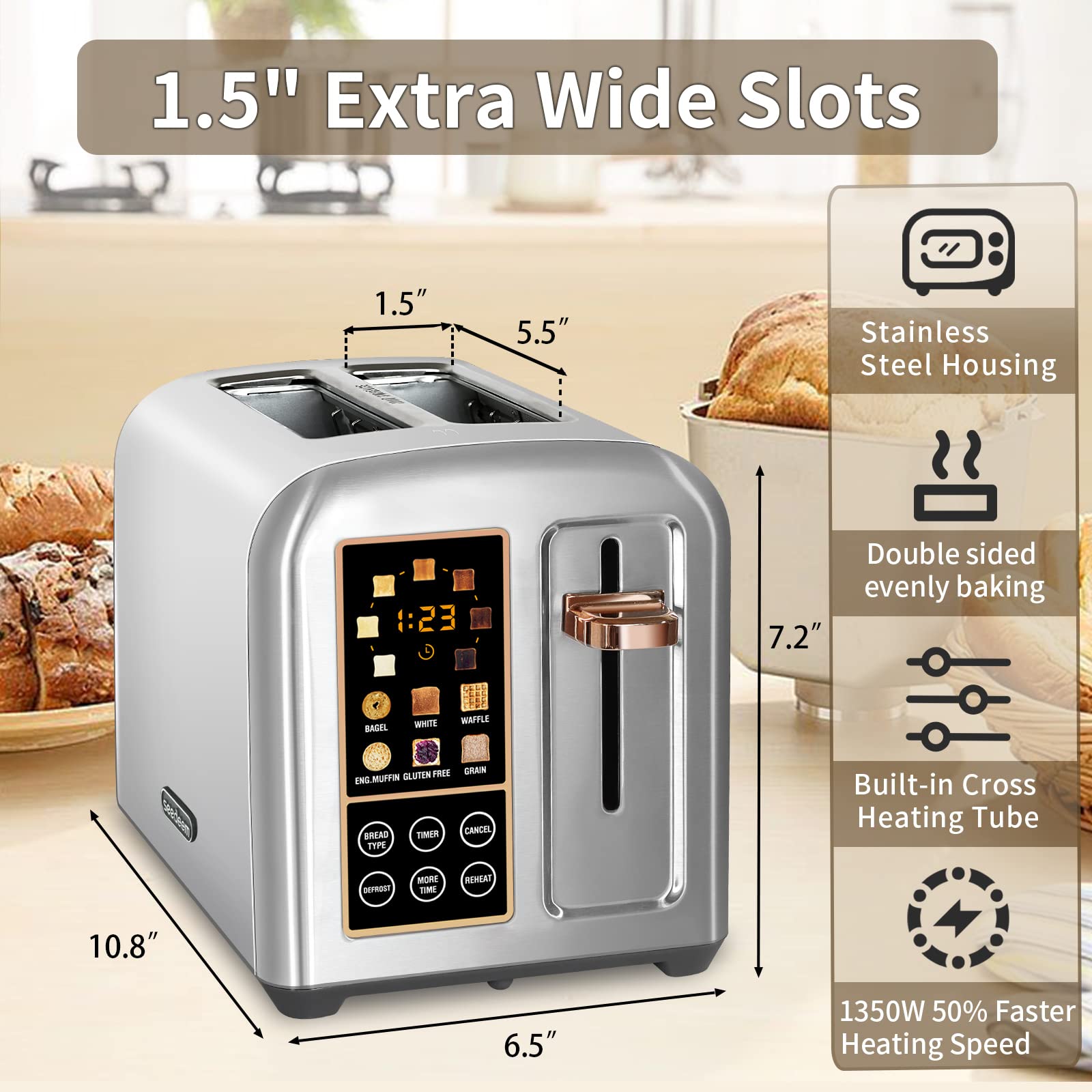 SEEDEEM Toaster 2 Slice, Stainless Steel Bread Toaster with LCD Display and Touch Buttons, 50% Faster Heating Speed, 6 Bread Selection, 7 Shade Settings, 1.5''Wide Slots Toaster with Cancel/Defrost/Reheat Functions, Removable Crumb Tray, 1350W, Silver Metallic