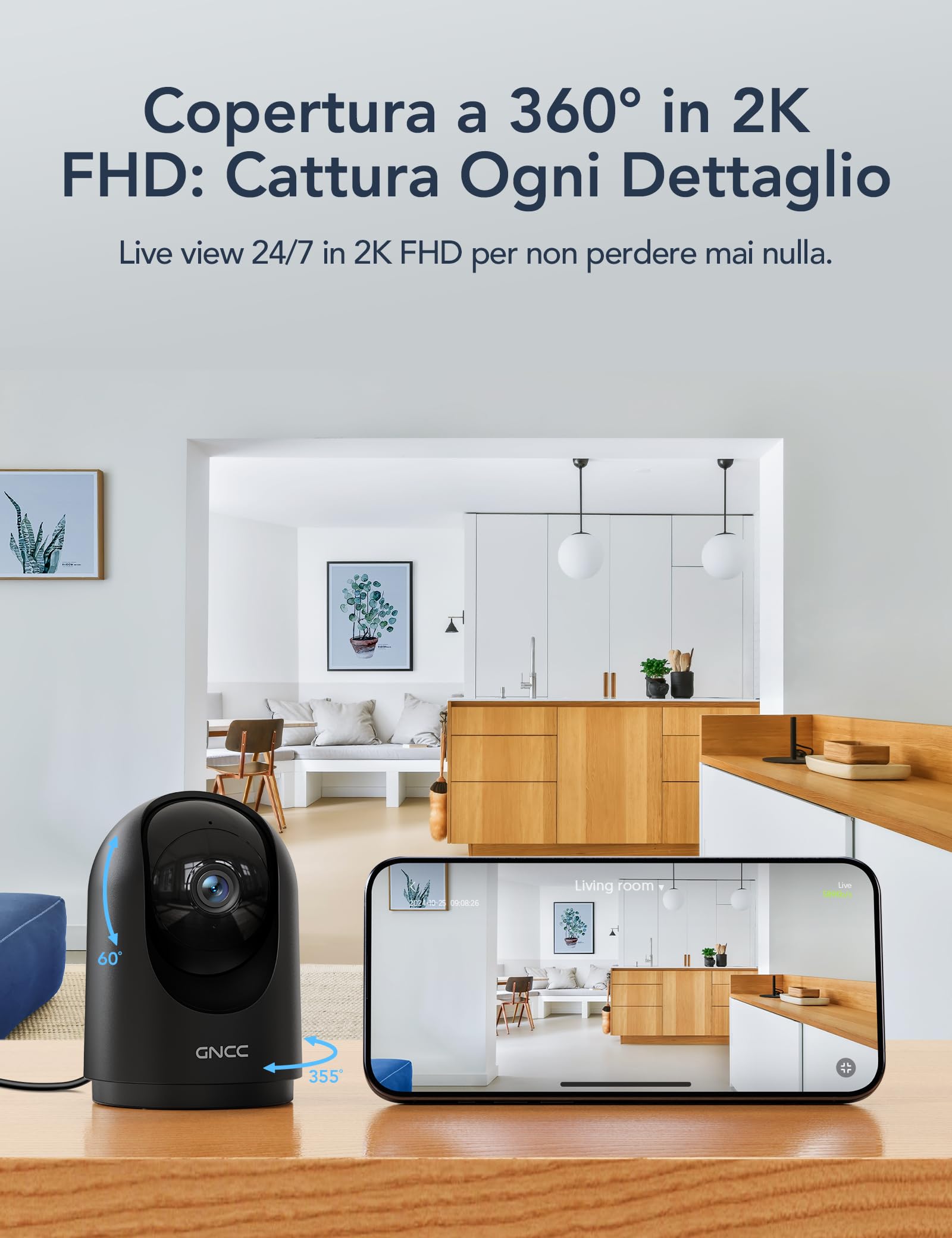GNCC 2K Telecamera WiFi Interno 2.4/5GHz Visione Notturna Nero(Pack da 1) — immagine 7 di 16