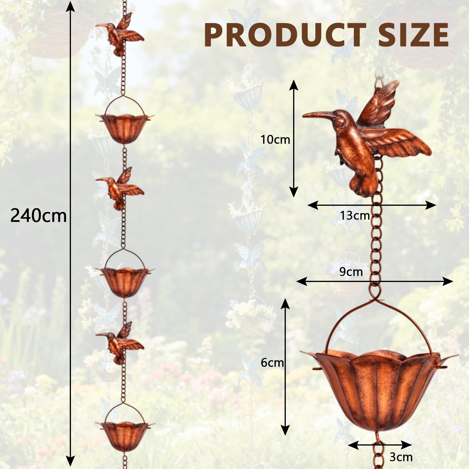 Chaîne de Pluie pour gouttières, 2,4 m, Vintage, en Bronze avec 7 Colibri et gobelets