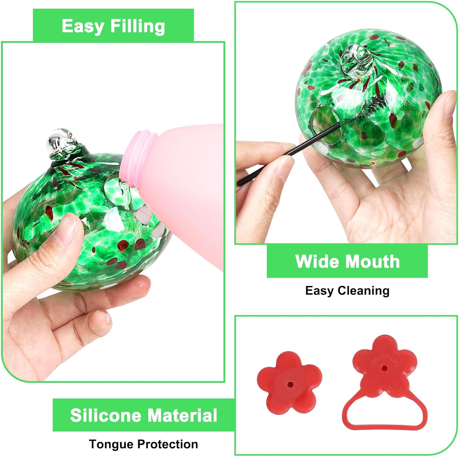 Window Hummingbird Feeder with Suction Cups,Hand-Blown Glass Hummingbird Feeders for Outdoors Window Mounted with Metal Hook,Close Bird Watching,Finch in Garden,Yard(Green) - Image 7