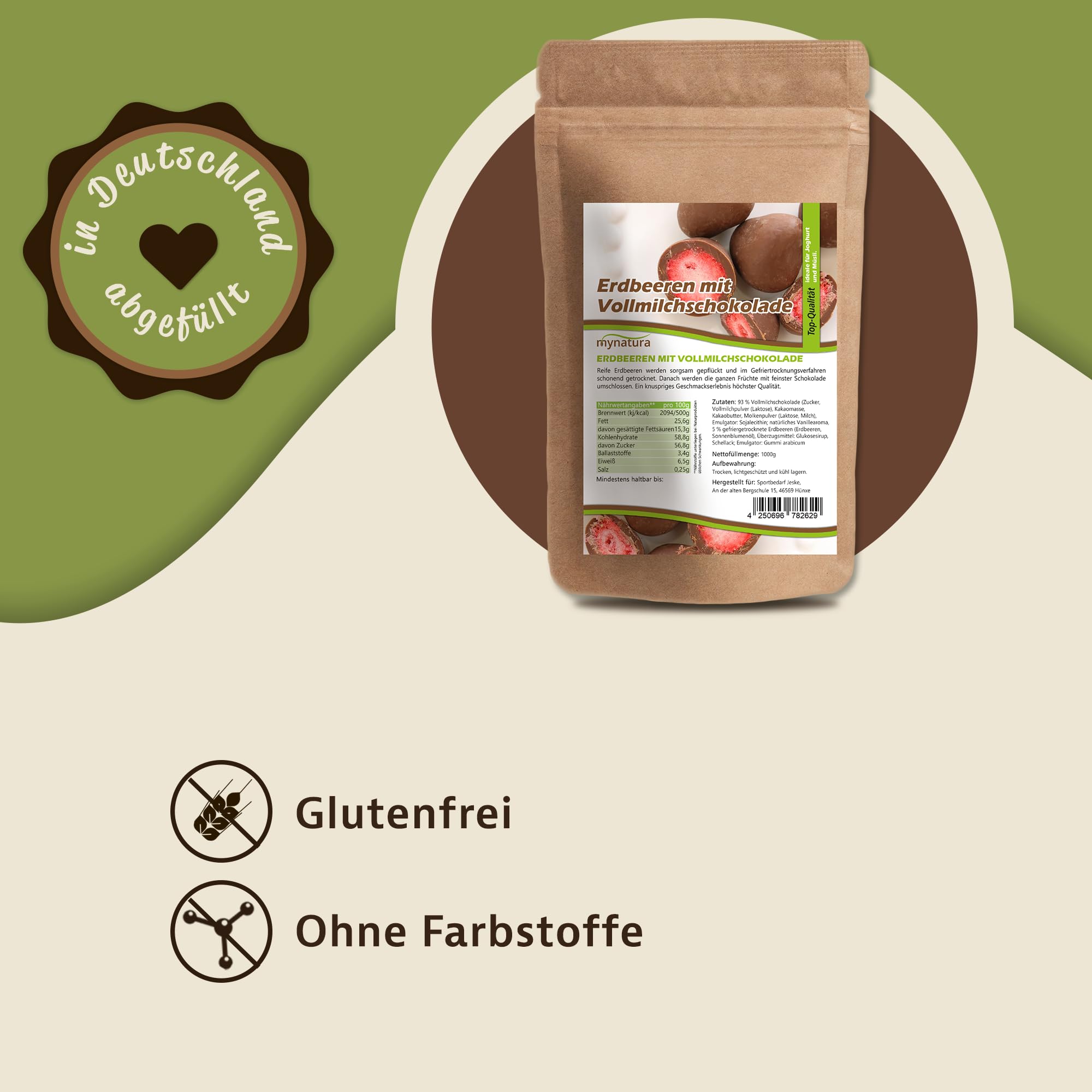 Mynatura Erdbeeren, gefriergetrocknet, in Vollmilchschokolade I Erdbeeren I umhüllt von Schokolade I Müsli I Snack I Süß I Beutel (2x 1000g)
