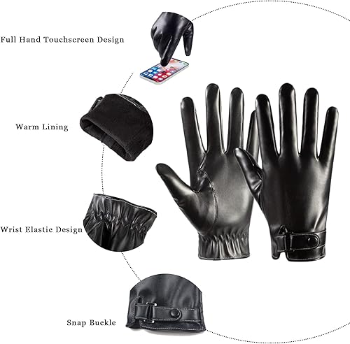 Miniatura 3 de Long Keeper Guantes de cuero de invierno para hombre, color negro, cálido, ciclismo, conducción, motocicleta, pantalla táctil, guantes de mensajes