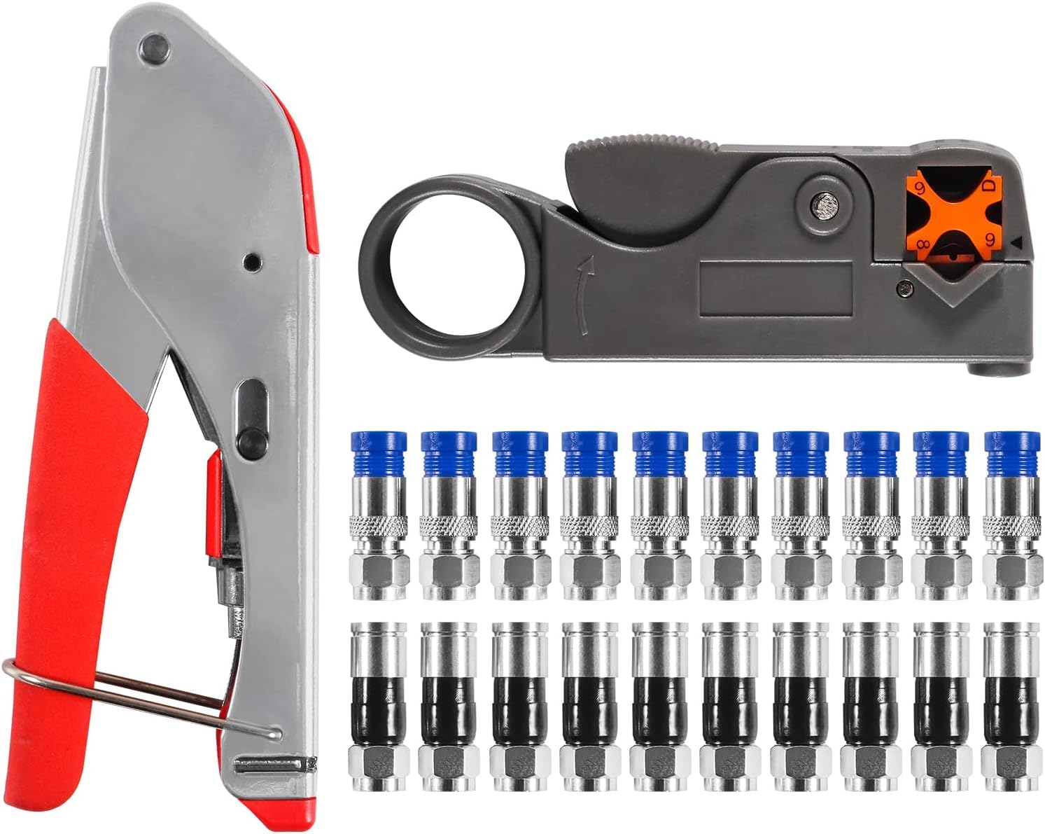 ALAMSCN Coax Cable Crimper Kit Compression Crimping Tool Coaxial Cable Stripper + 20PCS F Compression Connector for Coaxial Cable RG59 RG6