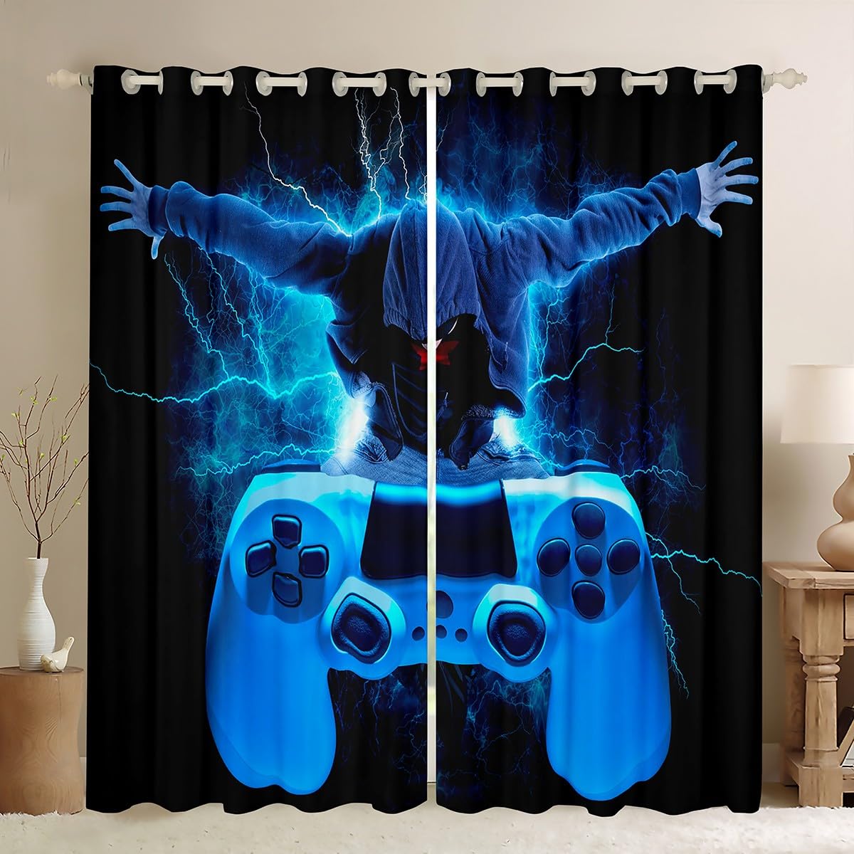 Homemissing Boys Multicolored 32 Modern Gamer Window Drapes Blue Gamepad Curtain For Kids Girls Children Game Controller Window Treatments Resistant Games Console Lightning,W66*L72