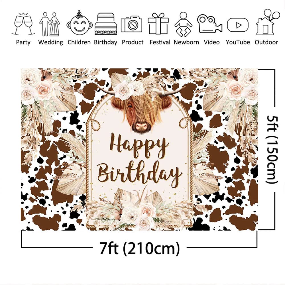 7x5ft Highland Cow Birthday Backdrop - Farm Theme Photography Background