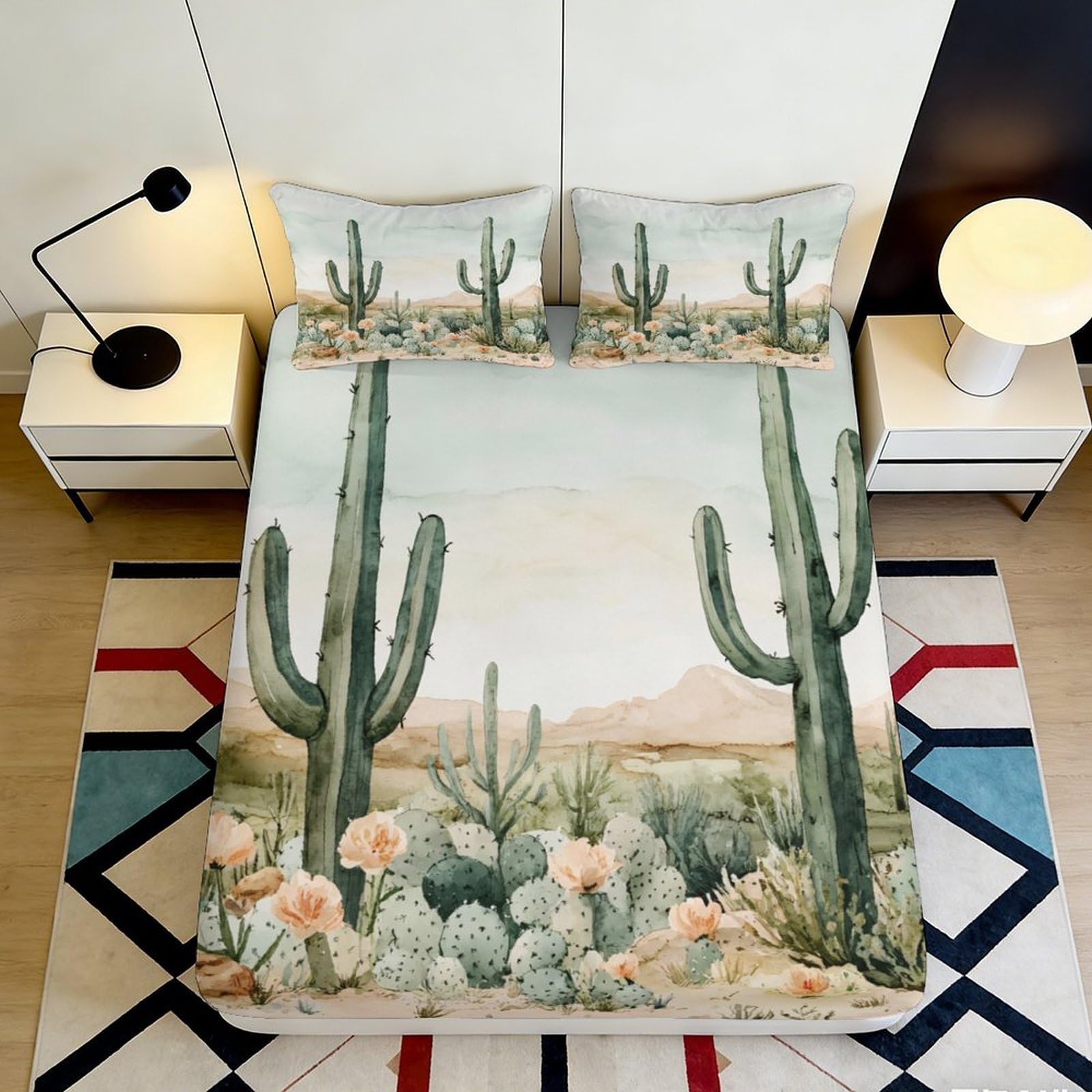 3D Printed Cactus Fitted Sheet Microfiber Soft Breathable Desert Landscape Bed Cover for Bedroom Dormitory Guest Room Mattress Protection Decor 90x200x25cm