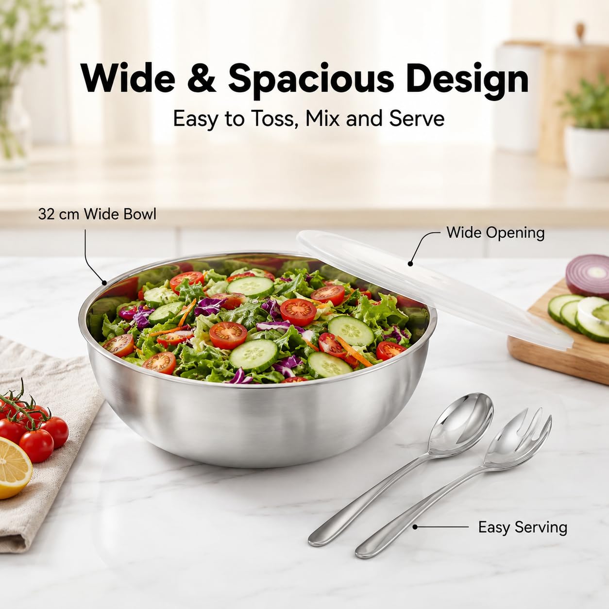 Ensaladera de acero inoxidable con tapa y cubiertos para ensalada, 32 cm, cuenco grande con cubierta transparente, juego de cuencos para servir con cuchara de ensalada y tenedor de ensalada