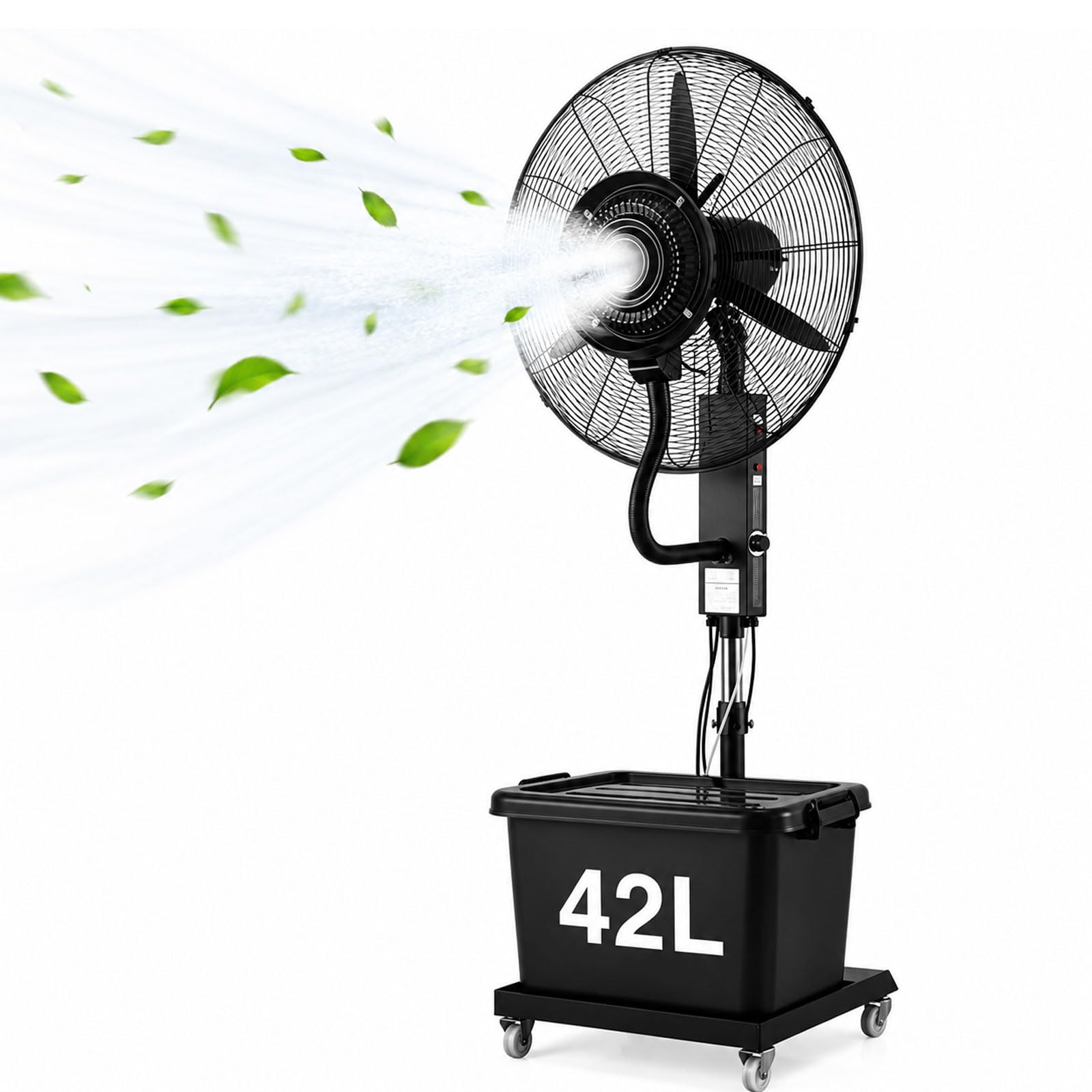 Ventilator mit Wasserkühlung, 42-Liter-Tank, 50 m² | 145 m³/Min. Luftstrom, 90° Oszillation, 3 Geschwindigkeitsstufen, Bis zu 10 Std. Betrieb, Standfuß mit Lenkrollen