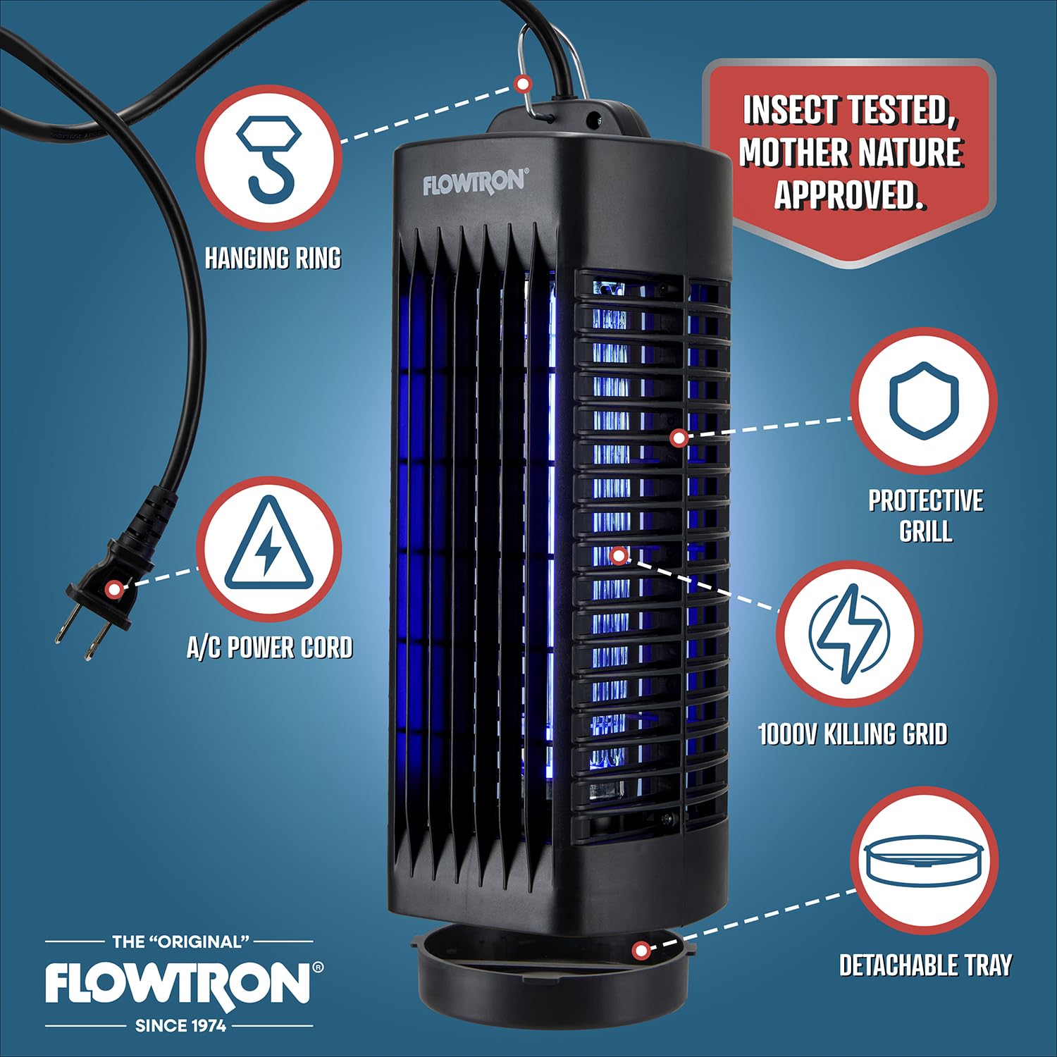 Flowtron Insektenvernichter für den Innenbereich, Schwarz, 1000 V, elektrischer Insektenvernichter mit UV-Licht, 215 m² Abdeckung, Plug-in-Fliegen- und Mückenfalle für Schlafzimmer, Küche und Büro