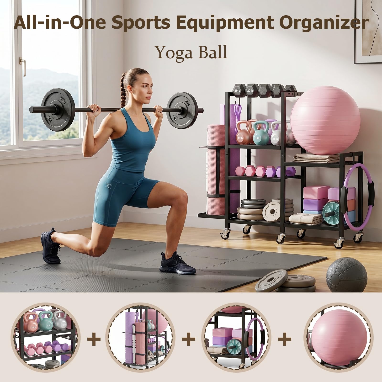 6-Stufiger Home Gym Equipment Hantelständer, Heimgymnastik Aufbewahrungsregal Aufbewahrungsständer Yogamattenhalter, Multifunktionale Hantelablage, Yogamatte Organizer mit Rädern und Haken