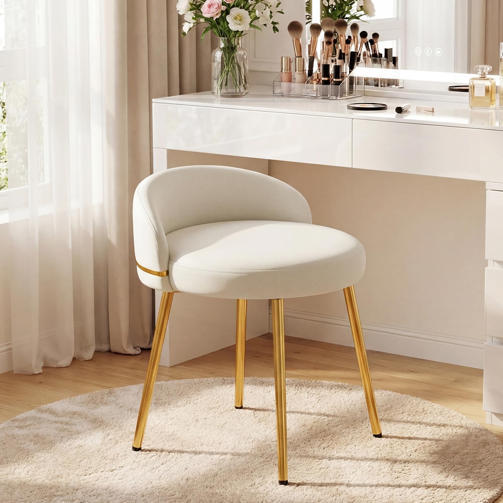 Hellove Tabouret Coiffeuse avec Pieds en Métal Doré, Tabouret de Maquillage Moderne Rond, Chaise de Coiffeuse en Cuir, Stool de Pied avec Dossier Courbé pour Salle À Manger, Chambre, Salon, Blanc