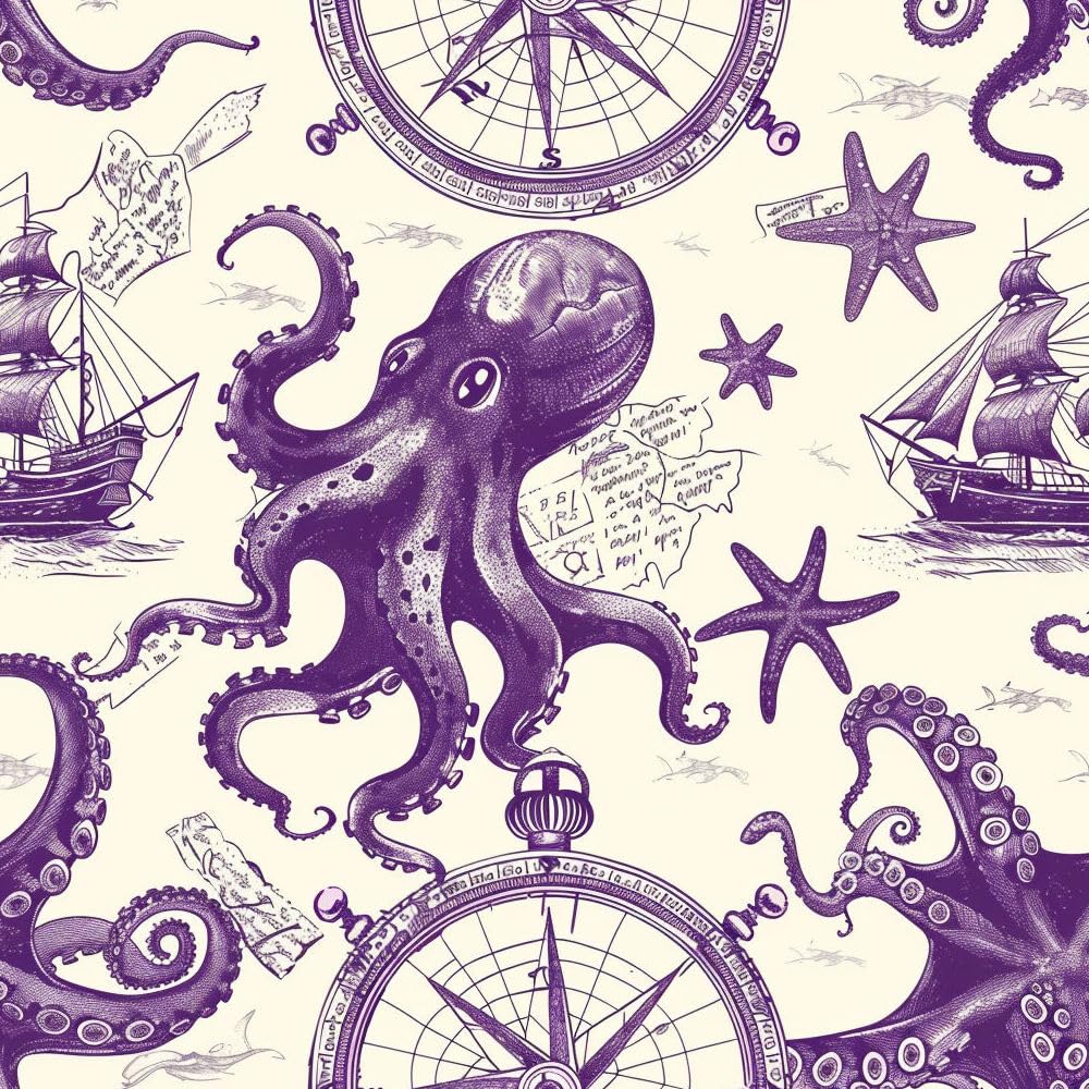 Jiaoqss O Peel And Stick Wallpaper Nautical Elements Ctopus Self Adhesive Wallpaper Thick Vinyl Wrap Waterproof Retr Removable Living Room Bedroom