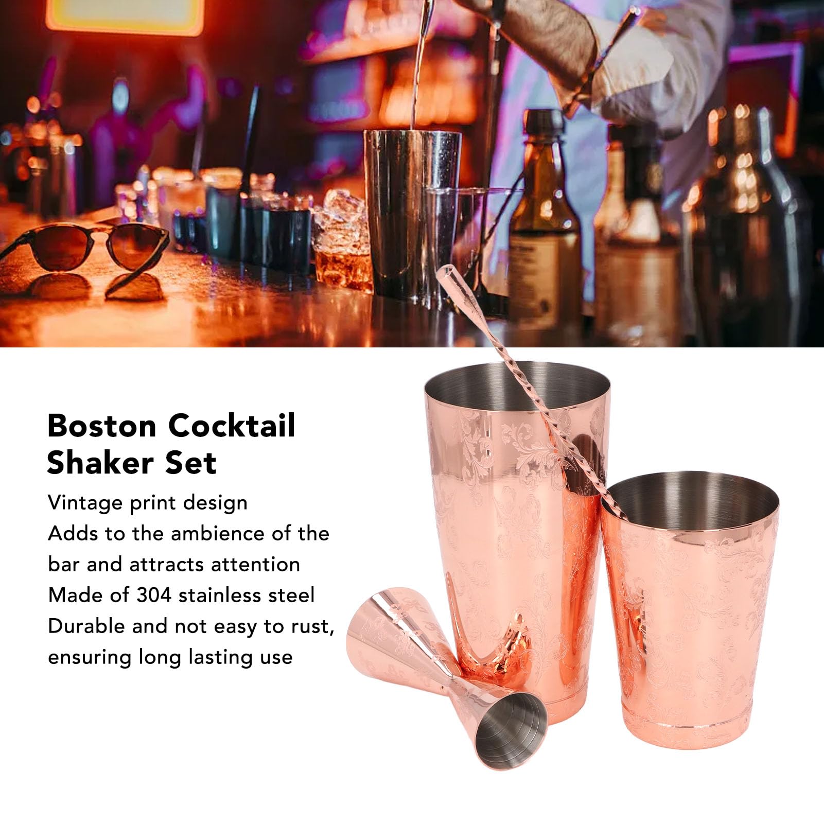 Set shaker per cocktail Boston MUNEFE, stampa vintage in acciaio inossidabile 304 (Insieme 4)