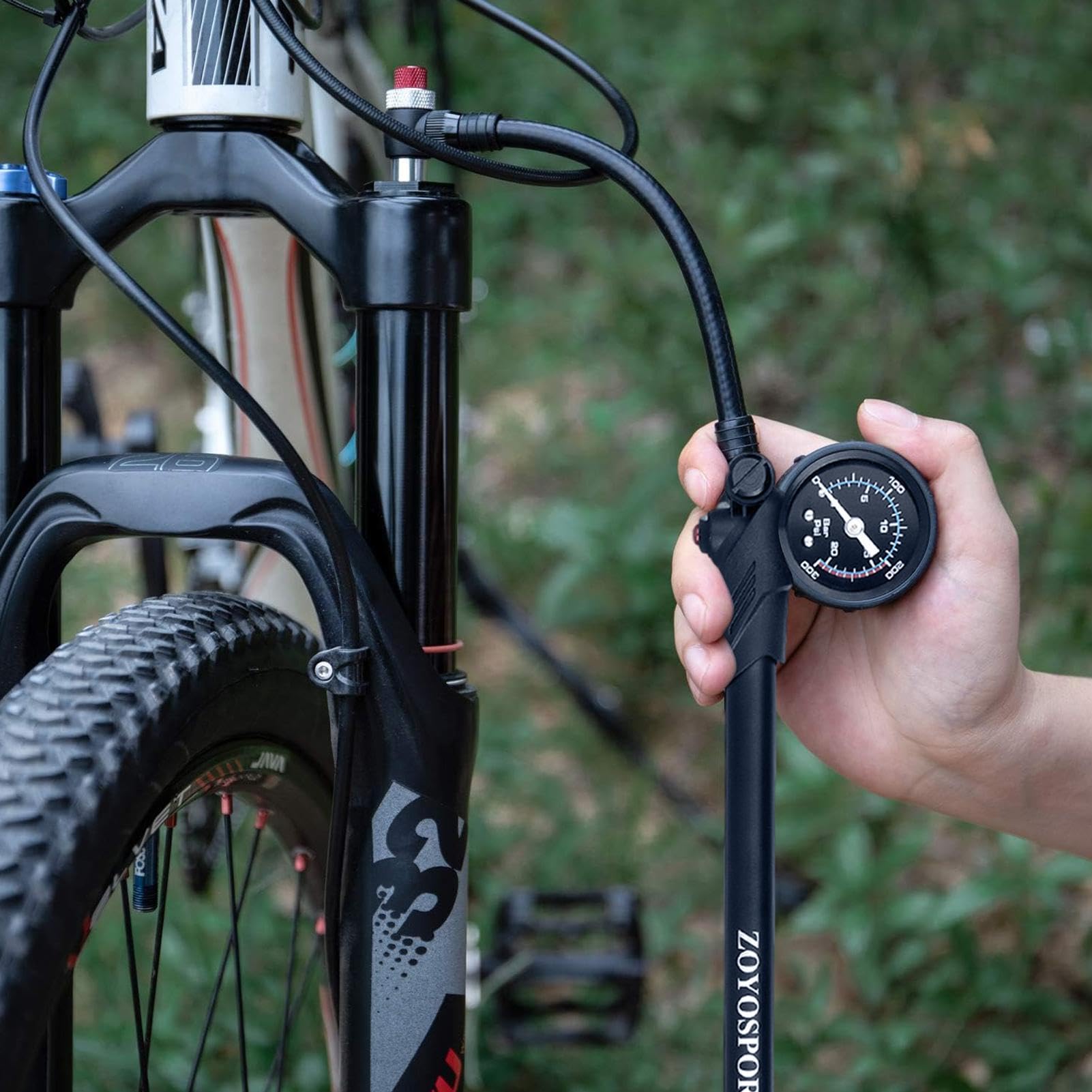Fahrrad-Dämpferpumpe – 300 psi Hochdruck-Federungspumpe | Robuste Fahrradpumpe aus Aluminiumlegierung mit Manometer, drehbarem Schlauch und Entlüftungsfunktion | Universelles Werkzeug für Gabeln u