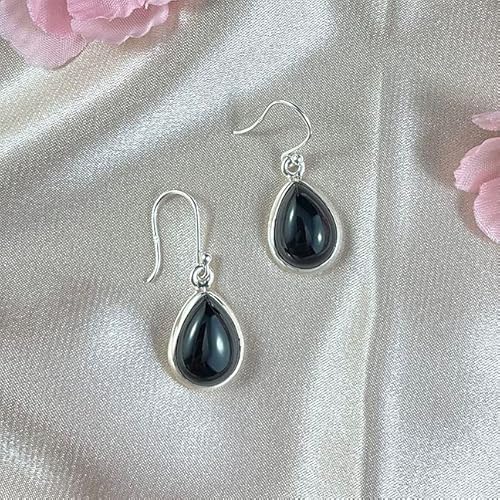 Sivalya Black Onyx Teardrop Earrings Silver - Natural Pear Cut Black Onyx Gemstone - Drop Dangle Sterling Silver Earrings – Gift Box Packaging Included #TOP2