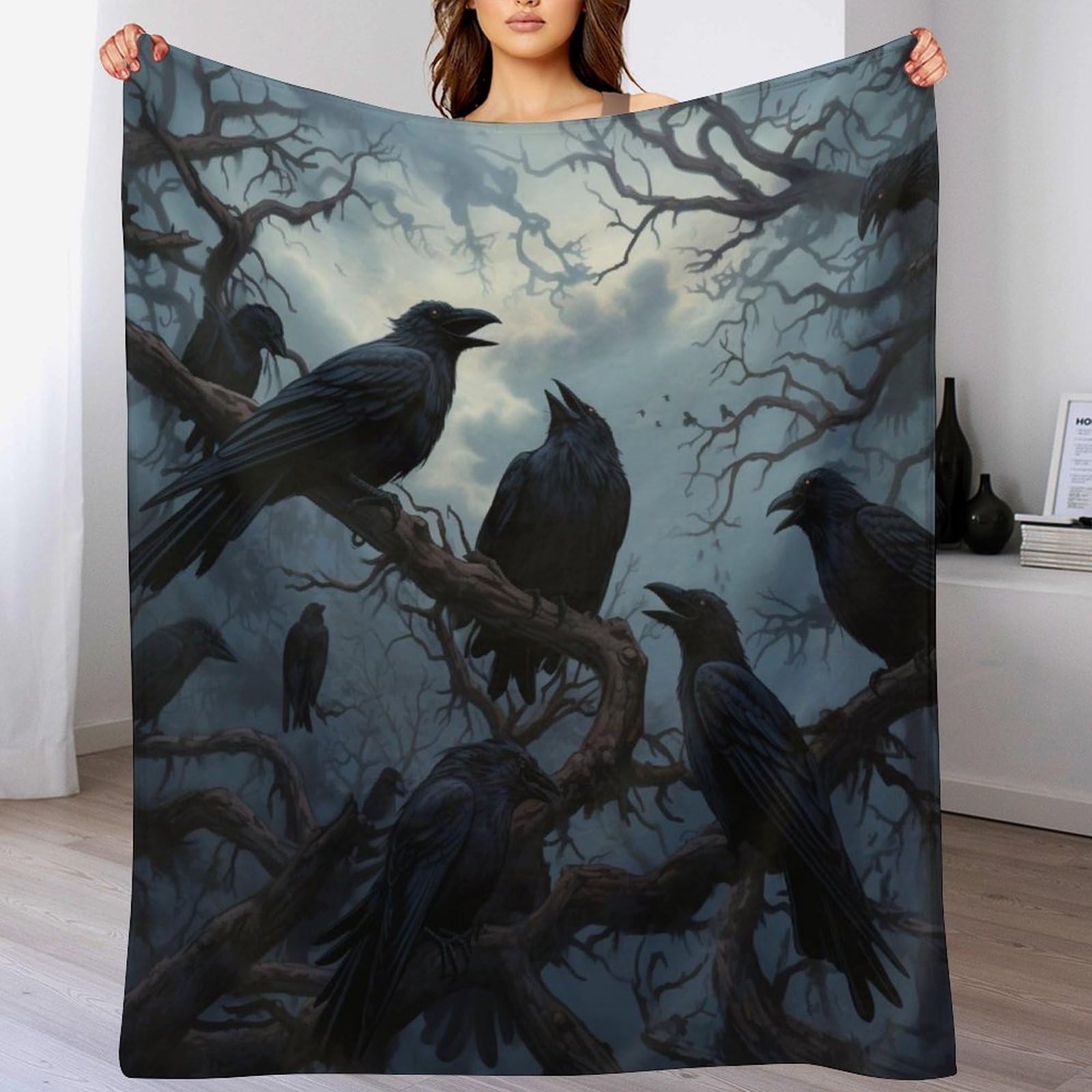 Couverture de luxe motif corbeau 3D, couvre-lit flannel premium