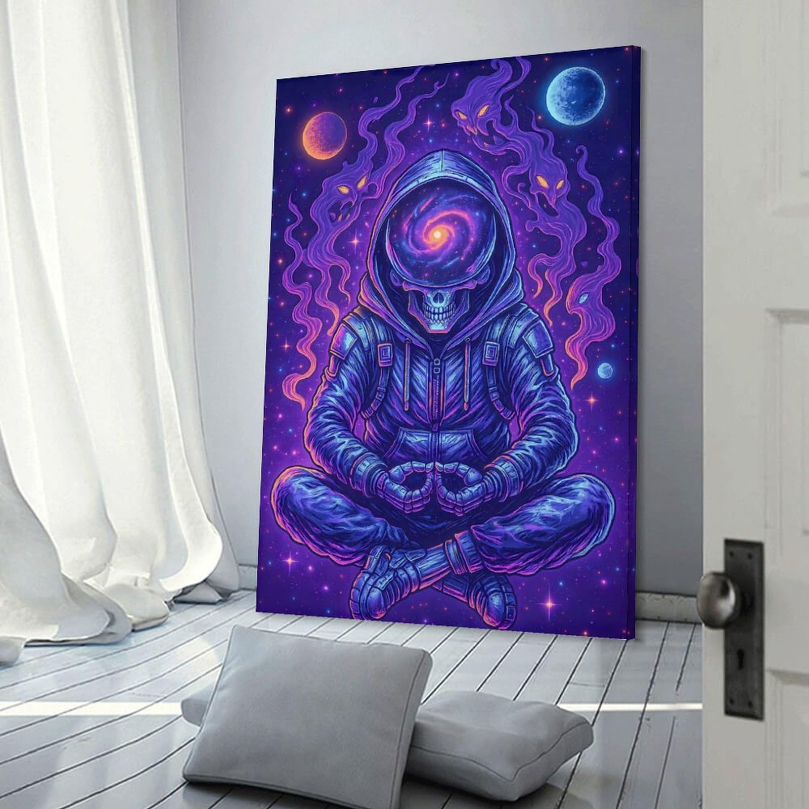 Junmoney Cosmic Skeleton Meditating in Space Room Decor Wall Art 12x18inch(30x45cm), for Art Walls, Layered Displays Or Homes, Wall Decor Suited to Curated Displays