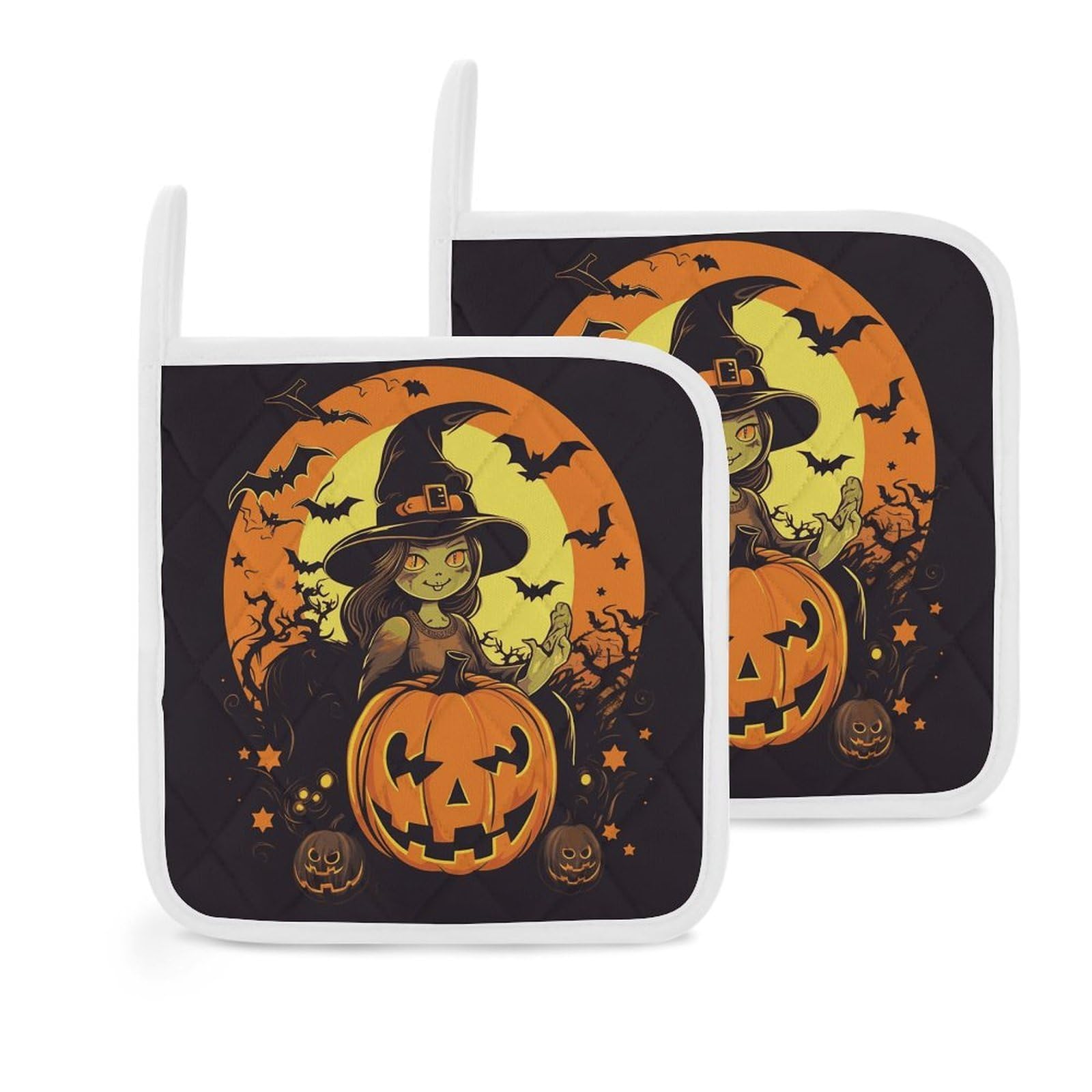Btcowzrv Style Halloween Pumpkin Witch 2 Pack Pot Holders For Kitchen, Heat Resistant Potholder Set With Hanging Loops, Hot Pads For Oven Baking Cooking