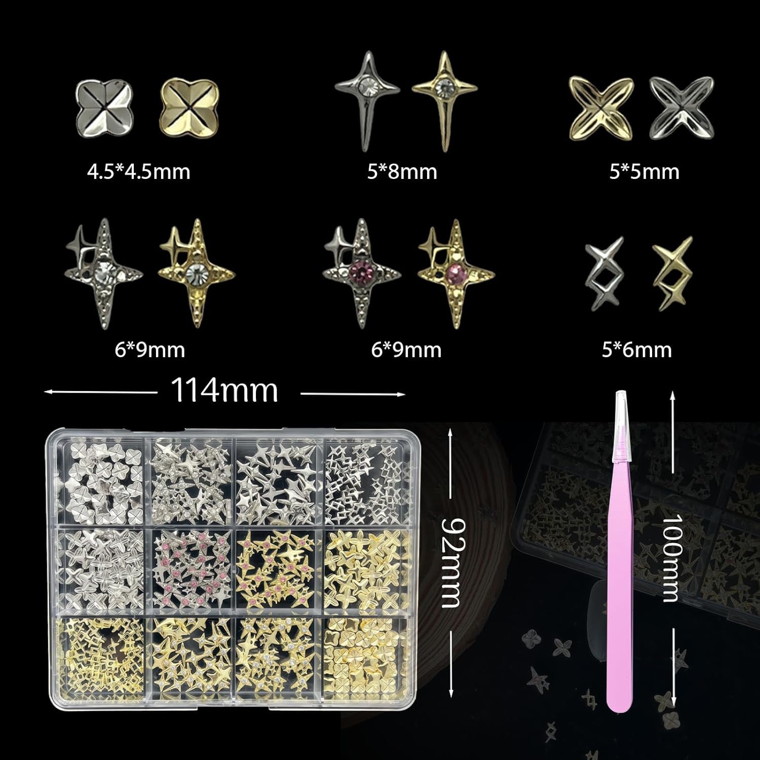 170 Pcs 3D Silver and Gold Y2K Nail Charms with Stars for Nail Art Decoration - Image 9