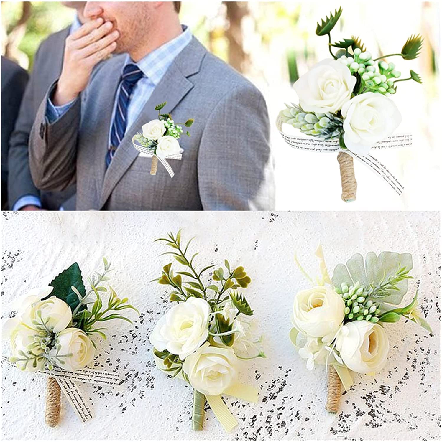 Handgelenkskorsagen für Hochzeiten， Künstliche Weiße Rose Blume Bräutigam Boutonniere Männer Corsage Event Zubehör Party Pin Dekoration(Style E)
