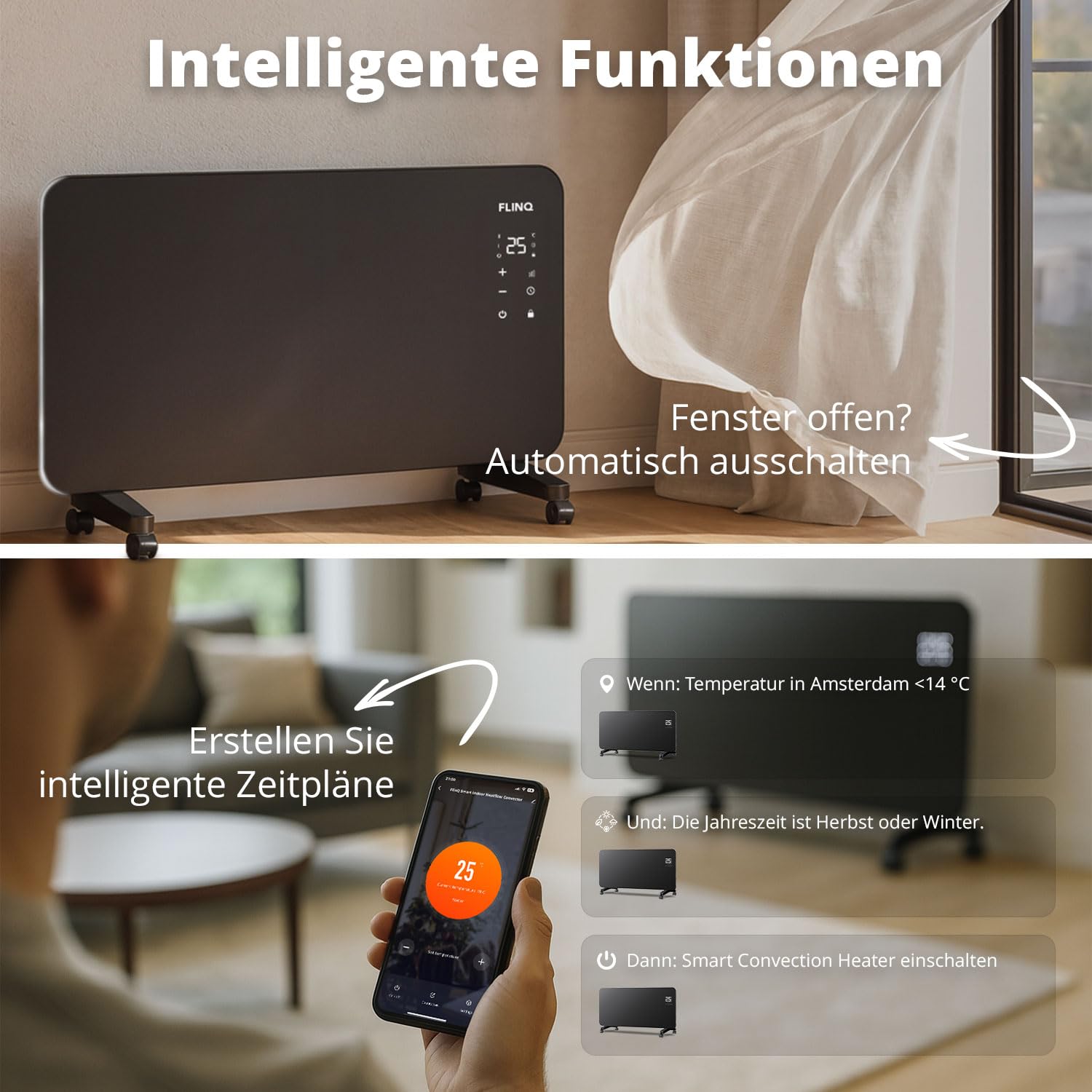 FlinQ Smart Konvektor Heizung 2000W - 96 x 46 x 13 cm - Schwarz | Glaskonvektor Mit App Steuerbar - Beheizt bis zu 60m3 - Mobile Heizung Elektrisch