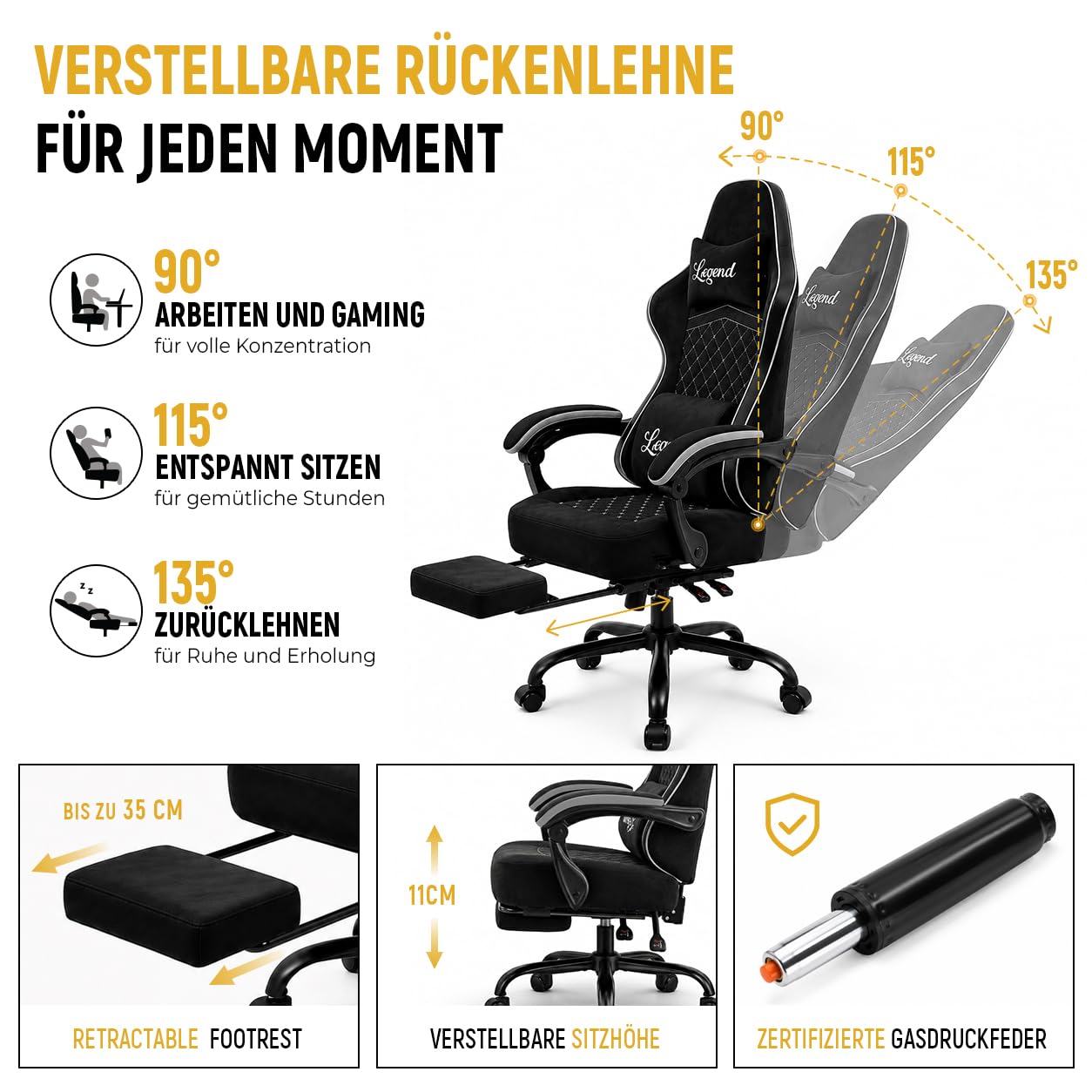 Gaming Stuhl Gamer Sessel - Tech-Stoff, hochdichter Schaum, Taschenfederung, 150 kg, mitlaufende Armlehnen, verstellbare Rückenlehne (90-135°), Fußstütze, Schwarz