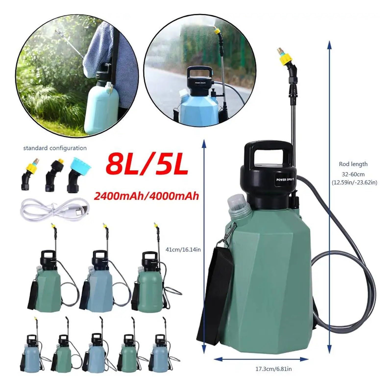 Spruzzatore elettrico, Spruzzatore elettrico for irrigazione posteriore con spruzzatore 8L/5L, strumento di for giardino agricolo ricaricabile atomizzatore ad alta pressione(5L Green C 4000mAh)