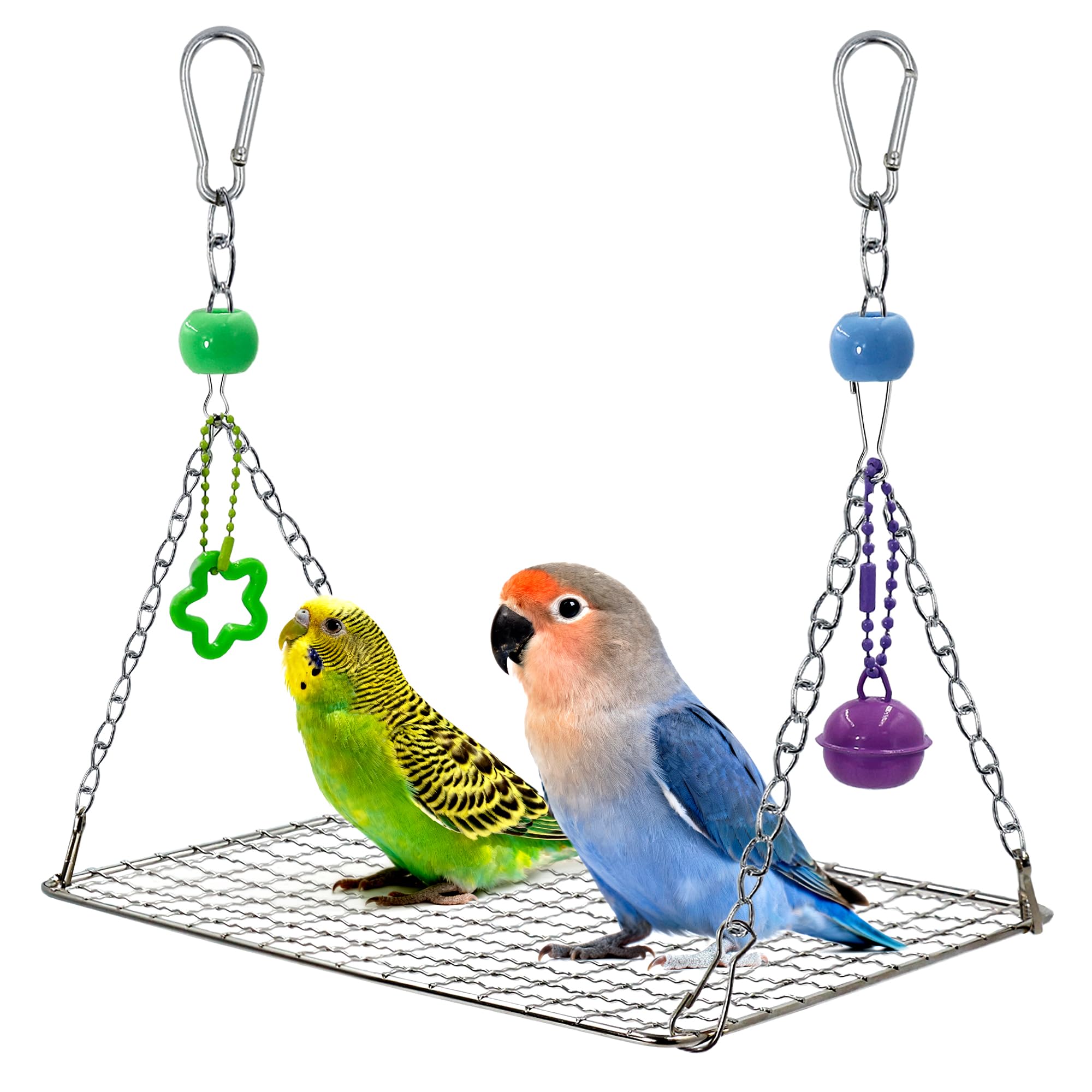 Bite-Proof Stainless Steel Bird Swing Perch with Bell, Easy Clean & Claw-Friendly Grip Hanging Quaker Parrot Swing for Inside Cage, Parakeet Toys Swing Platform for Cockatiel, Conure, Budgie