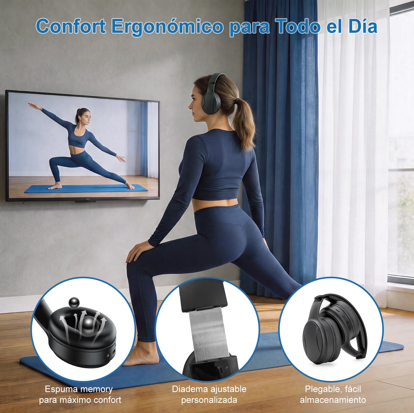 Auriculares Inalámbricos para TV para Mayores, 2.4G RF & Bluetooth 5.4 con Transmisor 5-en-1 (Salida Óptica/Coaxial/RCA/AUX/USB), 5 Modos EQ, Alcance 30m, 20H Autonomía, Over-Ear Plegables Regalo