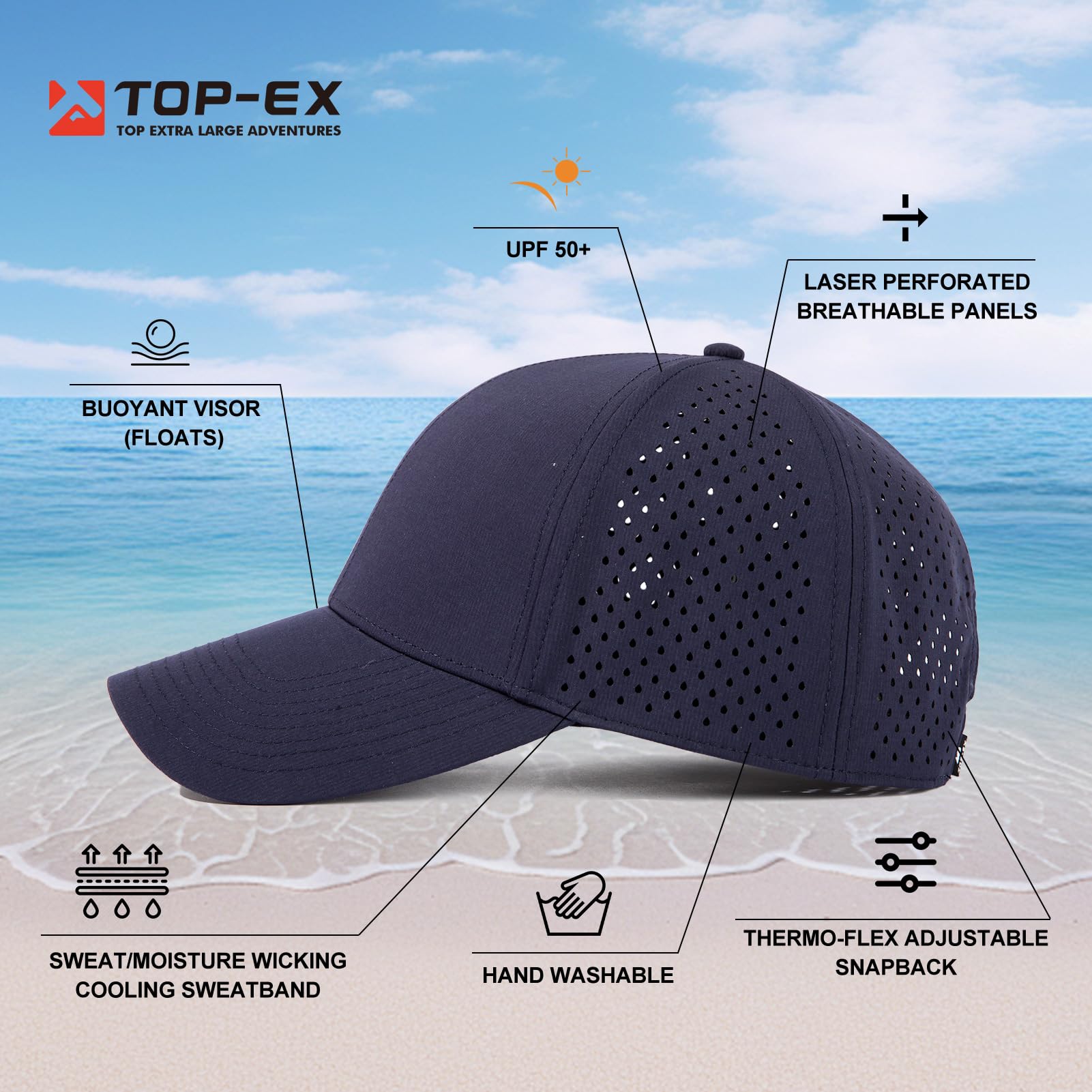 TOP-EX L/XL/XXL Hydro Performance Snapback Casquette de baseball pour homme et femme Respirant Léger Protection UV Imperméable Sport Golf Course avec Taille réglable