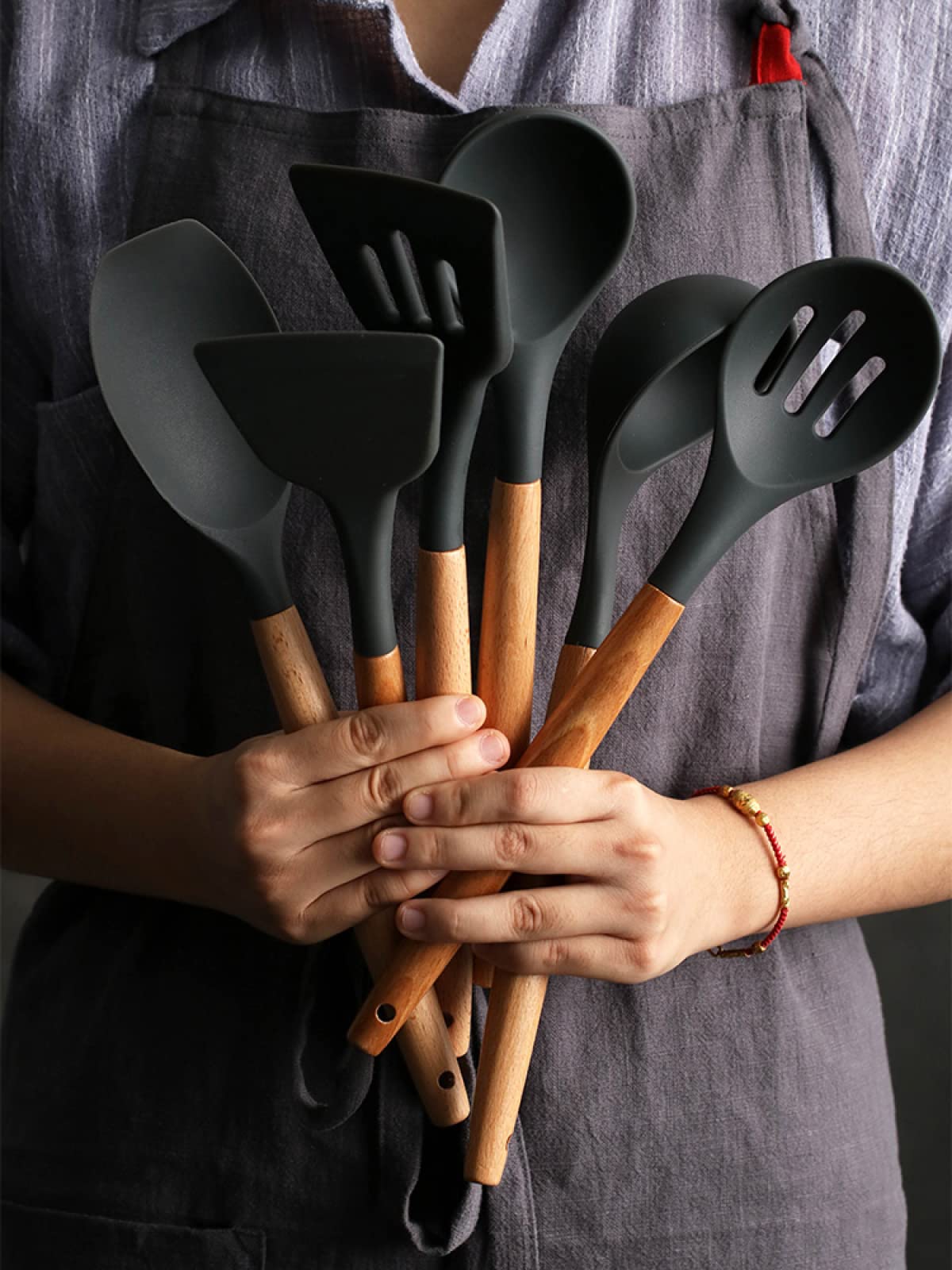 Juego de 8 utensilios de cocina de silicona, utensilios de cocina, cucharón, batidor, pala