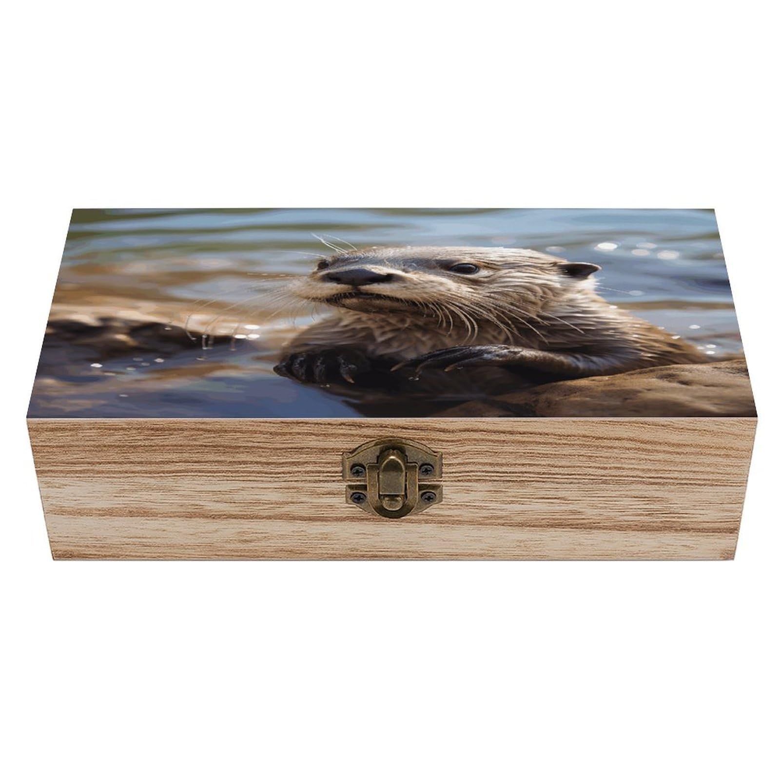VstaDank Otter Playing in The Water Wooden Storage Box with Hinged Lid Natural Wooden Box Beautifully Keepsake Boxes Vintage Wood Boxes Jewelry Organizer Trinket Storage Chest Unique Gift