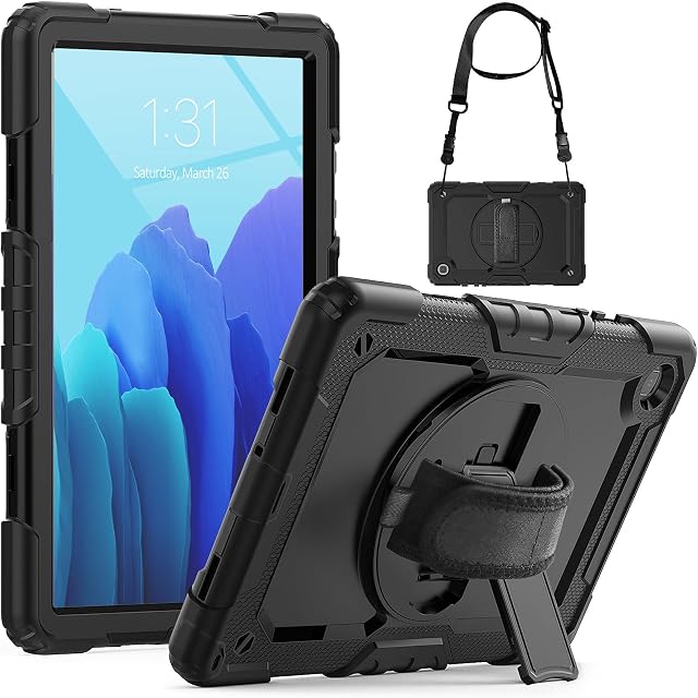 SEYMCY Case for Samsung Galaxy Tab A7 10.4 Inch 2020,SM-T500/T505/T507 Case, Full Protection Shockproof Hard Durable Stand Case [360 Rotatable Hand Strap/Screen Protector/Pen Holder] Cover,Black