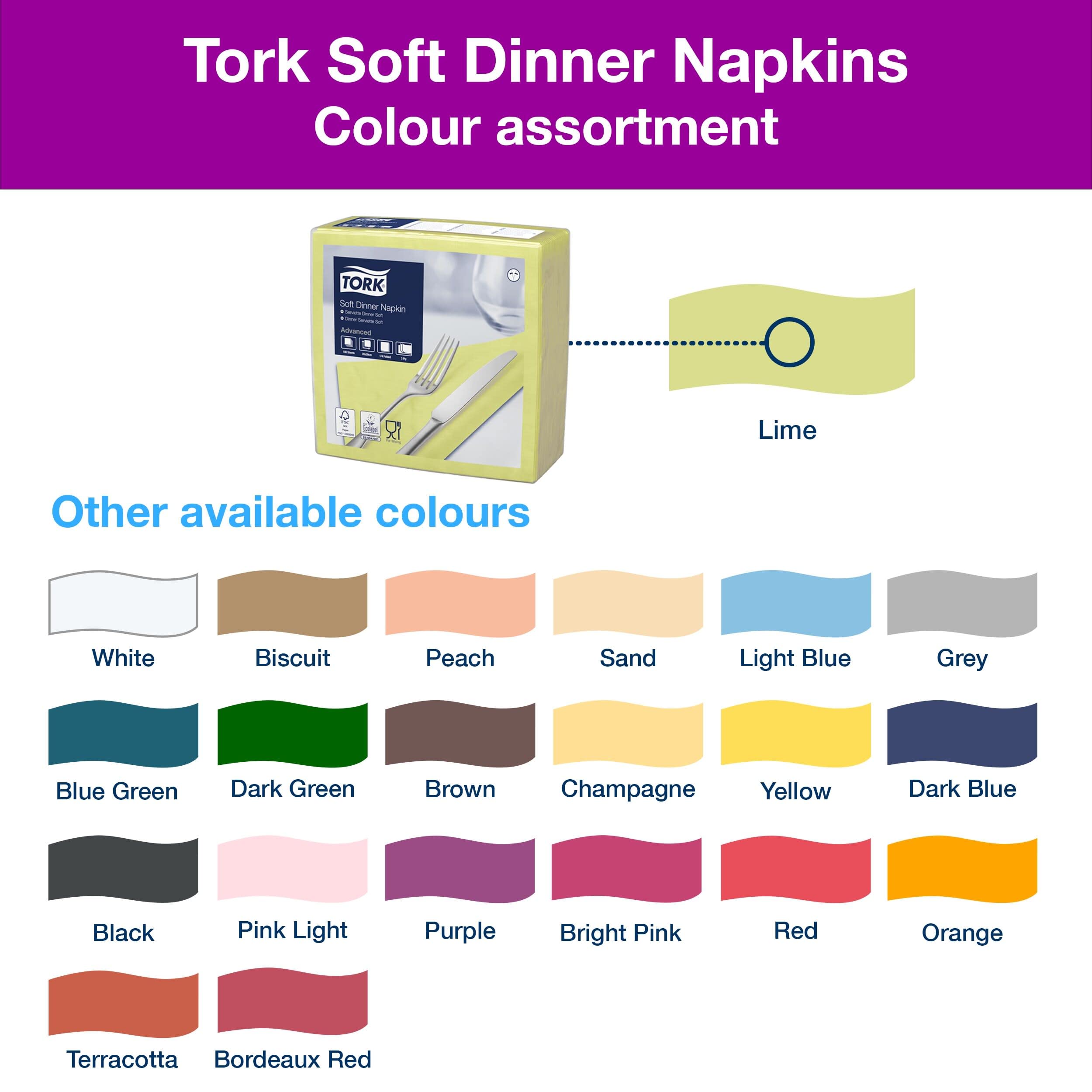 Tork 477910 Soft Dinner Servilleta para cena extrasuave / 3 capas/color verde lima / 12 paquetes x 100 unidades (1200 servilletas) / 39 cm x 39 cm/Advanced