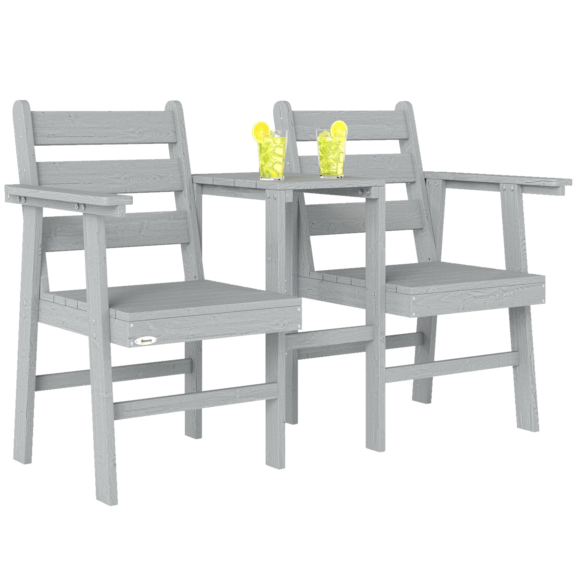 Outsunny Garden Loveseat, 2 Seater Jack and Jill Garden Seat with Built-in Table, Embossed Wooden Love Seat Garden Furniture Companion Seat for Patio, Porch, Balcony, Grey
