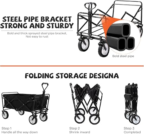 Miniatura 5 de Wagon - Carrito plegable con ruedas, carrito de jardín para la playa, comestibles, ruedas todo terreno para ir al parque comercial, picnic, viaje a