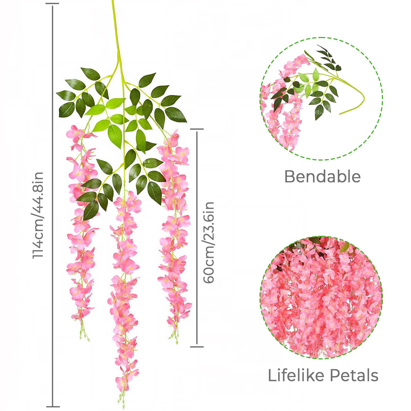 12 sztuk sztucznych kwiatów glicynii, wiszące, 114 cm, sztuczne kwiaty z kwiatami 60 cm, jedwabne kwiaty, wisteria, jak prawdziwe, na balkon, do ogrodu, na wesele, imprezę, dekoracja na